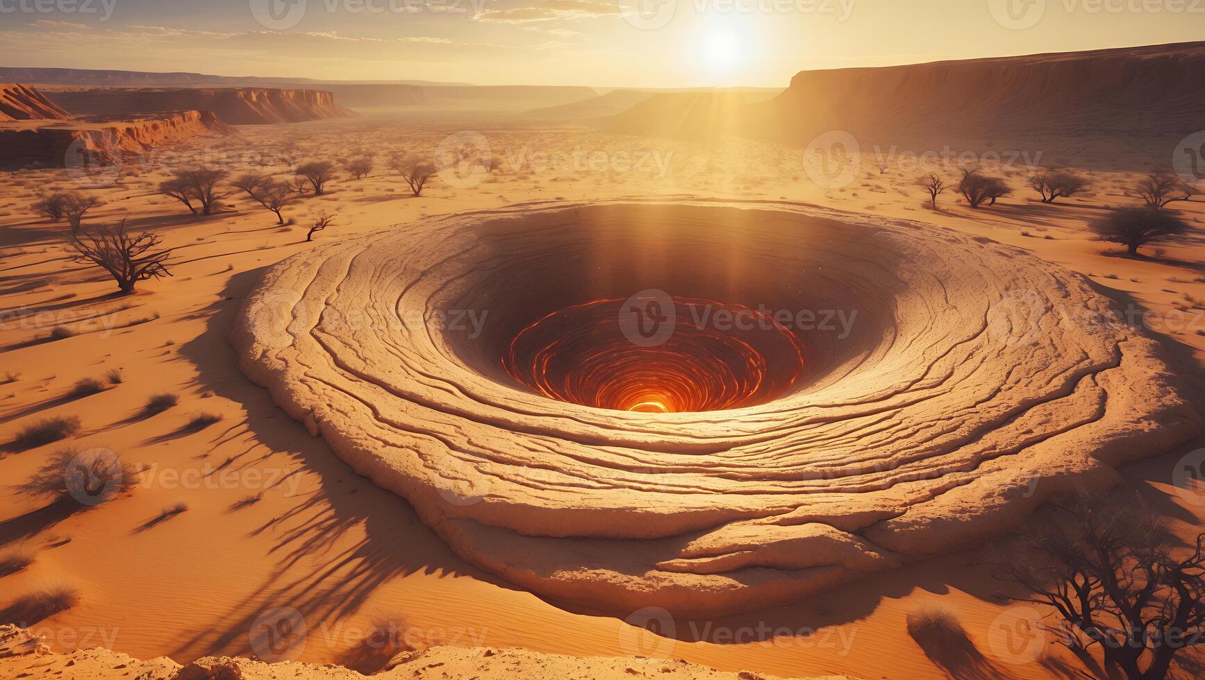 Desert Hole with Glowing Center in Arid Landscape photo
