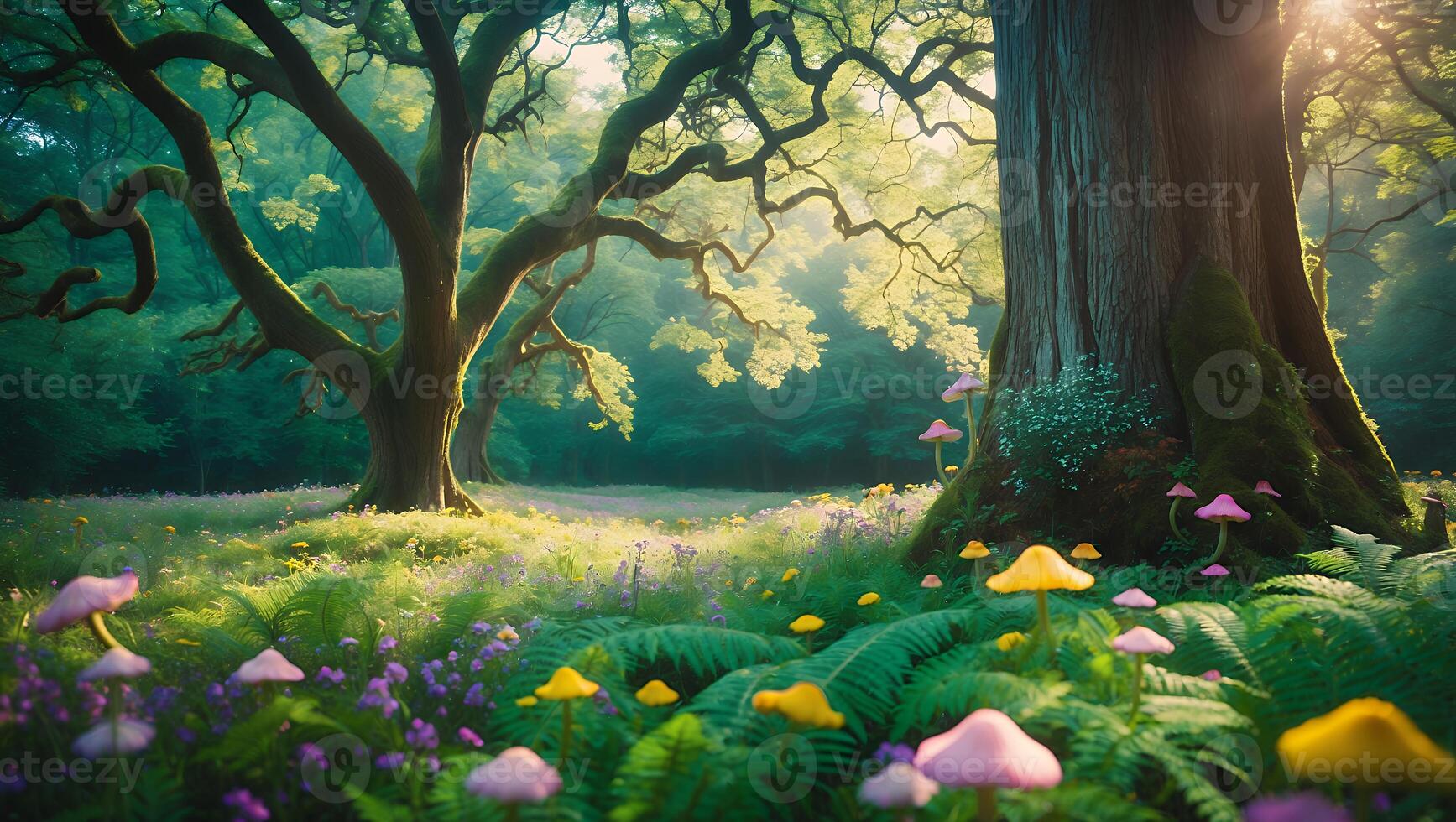 Forest with Trees Mushrooms Flowers and Sunlight photo