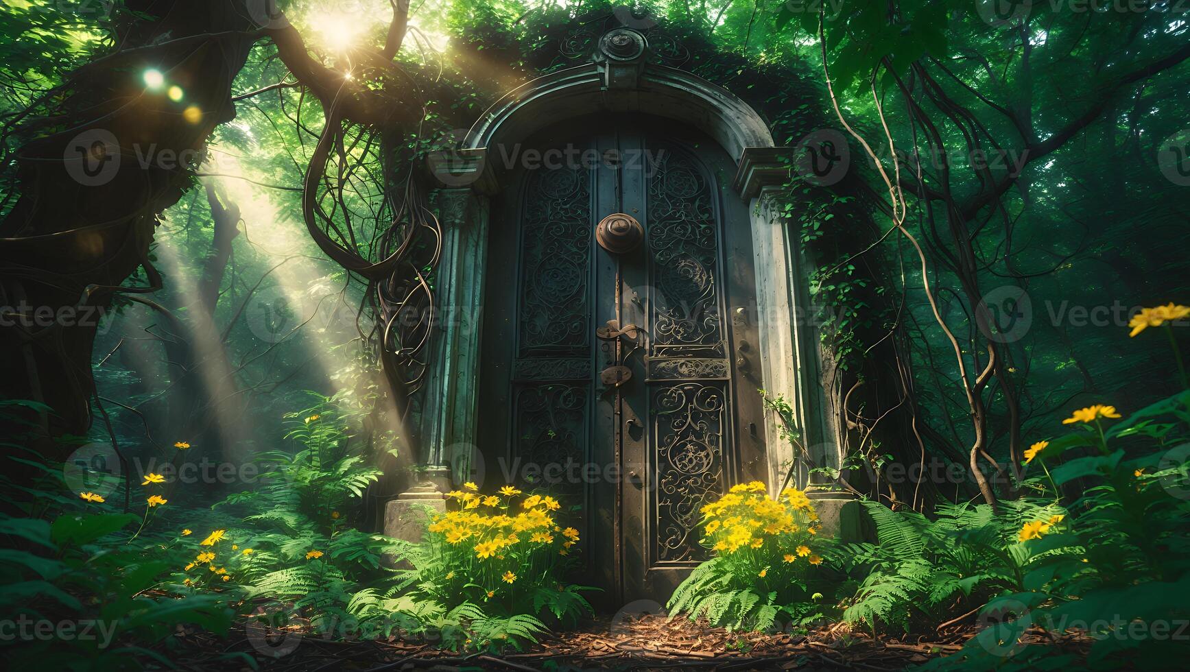 Enchanted Door in Forest with Sun Rays and Yellow Flowers photo