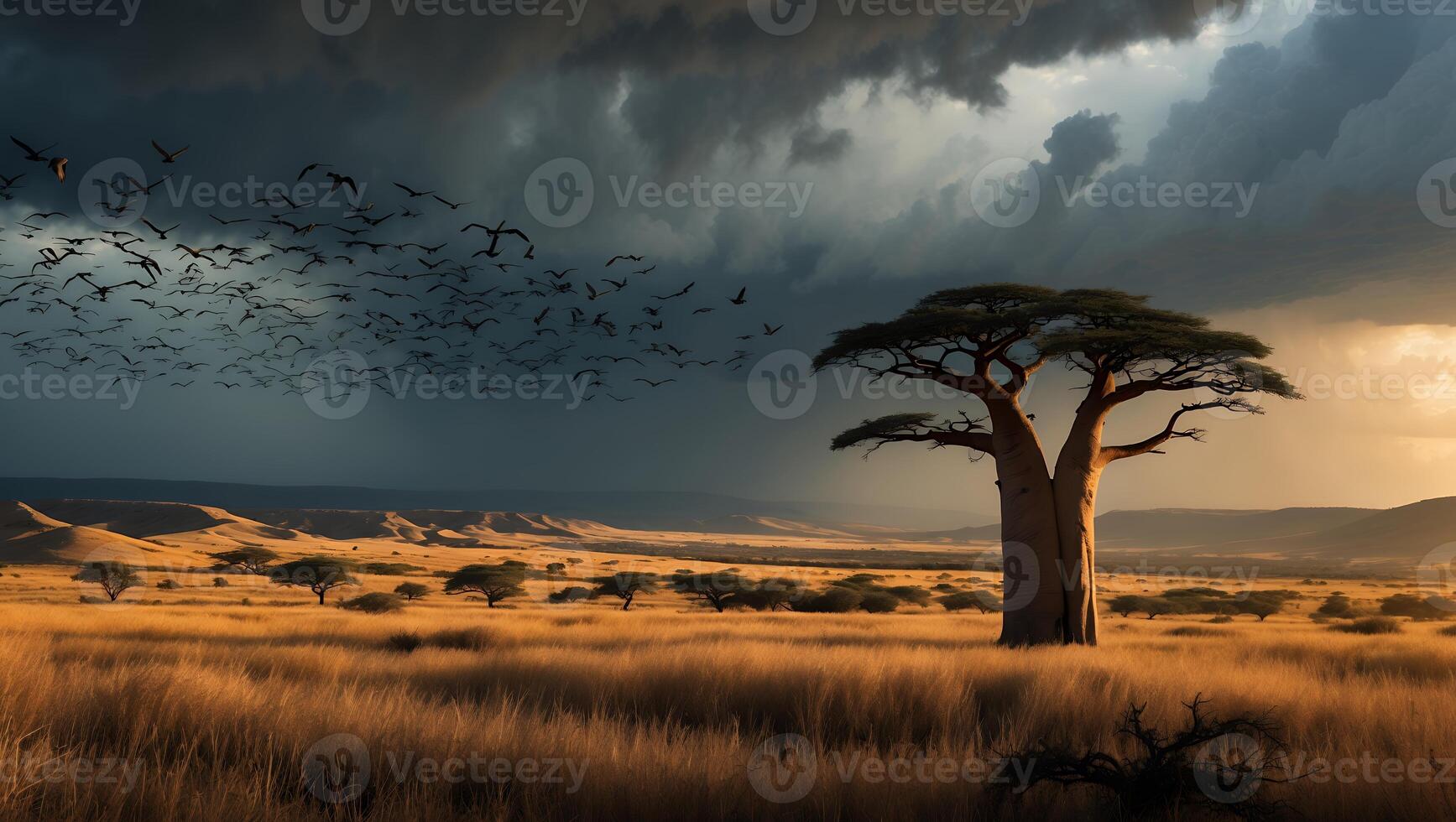 Baobab Tree Stands Tall in Savannah Landscape Under Dramatic Sky photo
