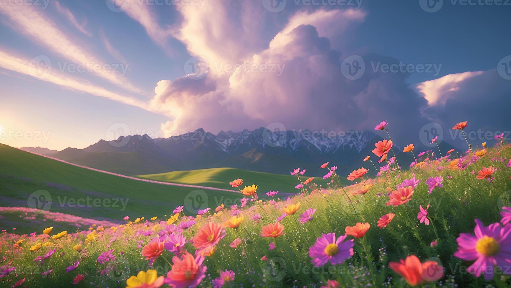 Beautiful flowers and mountains in the background photo