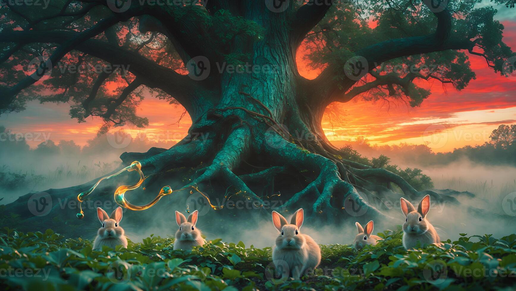 Rabbit Under Tree with Sunset Sky photo