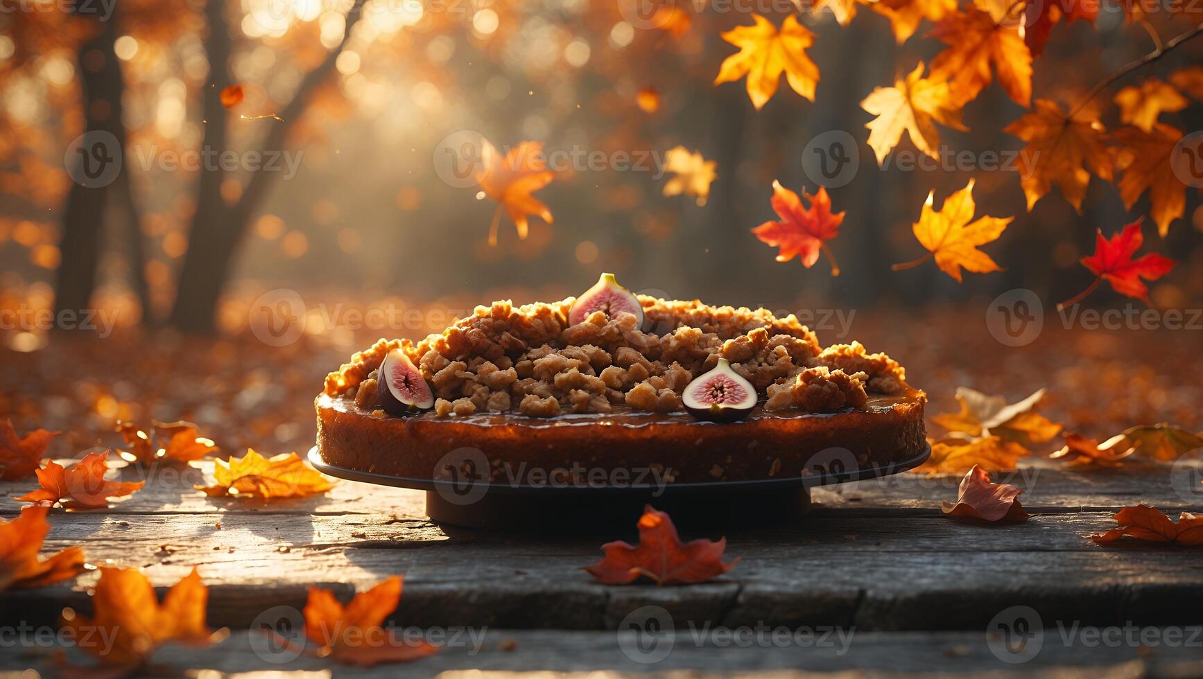Fig Cake with Crumble Topping in Autumn Leaf Setting photo