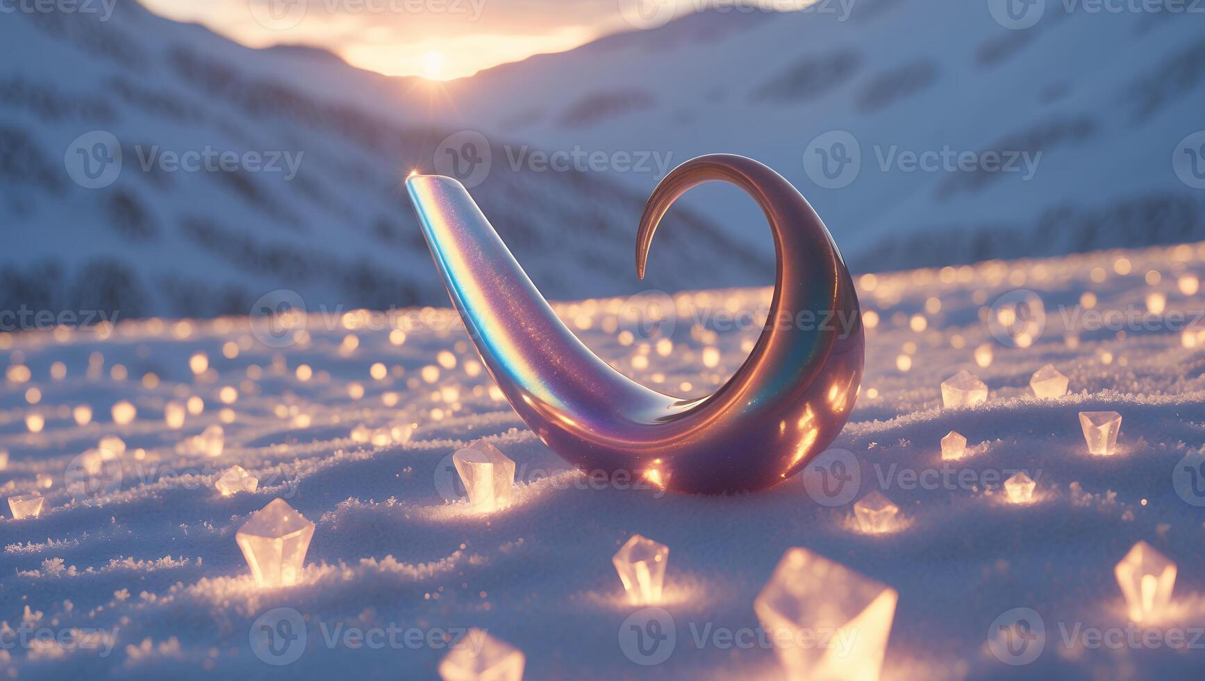 Horn Object on Snow with Crystal and Sunset View photo