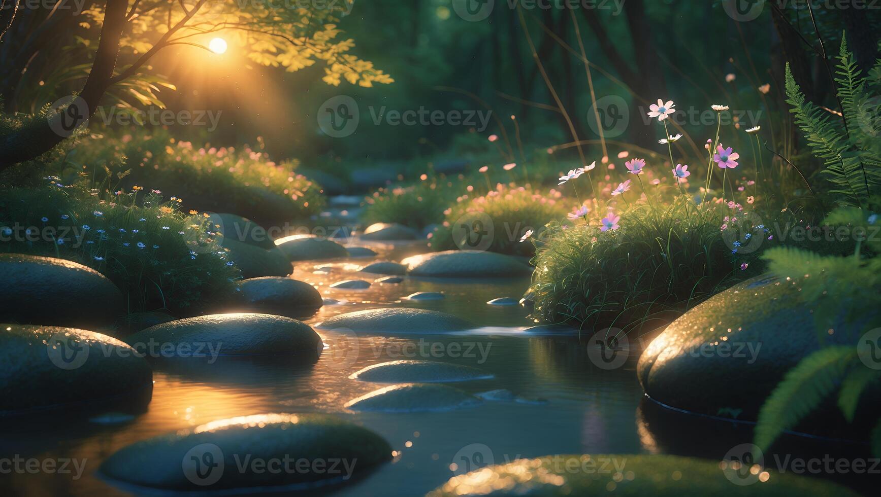 River with Rocks and Flowers at Sunset photo