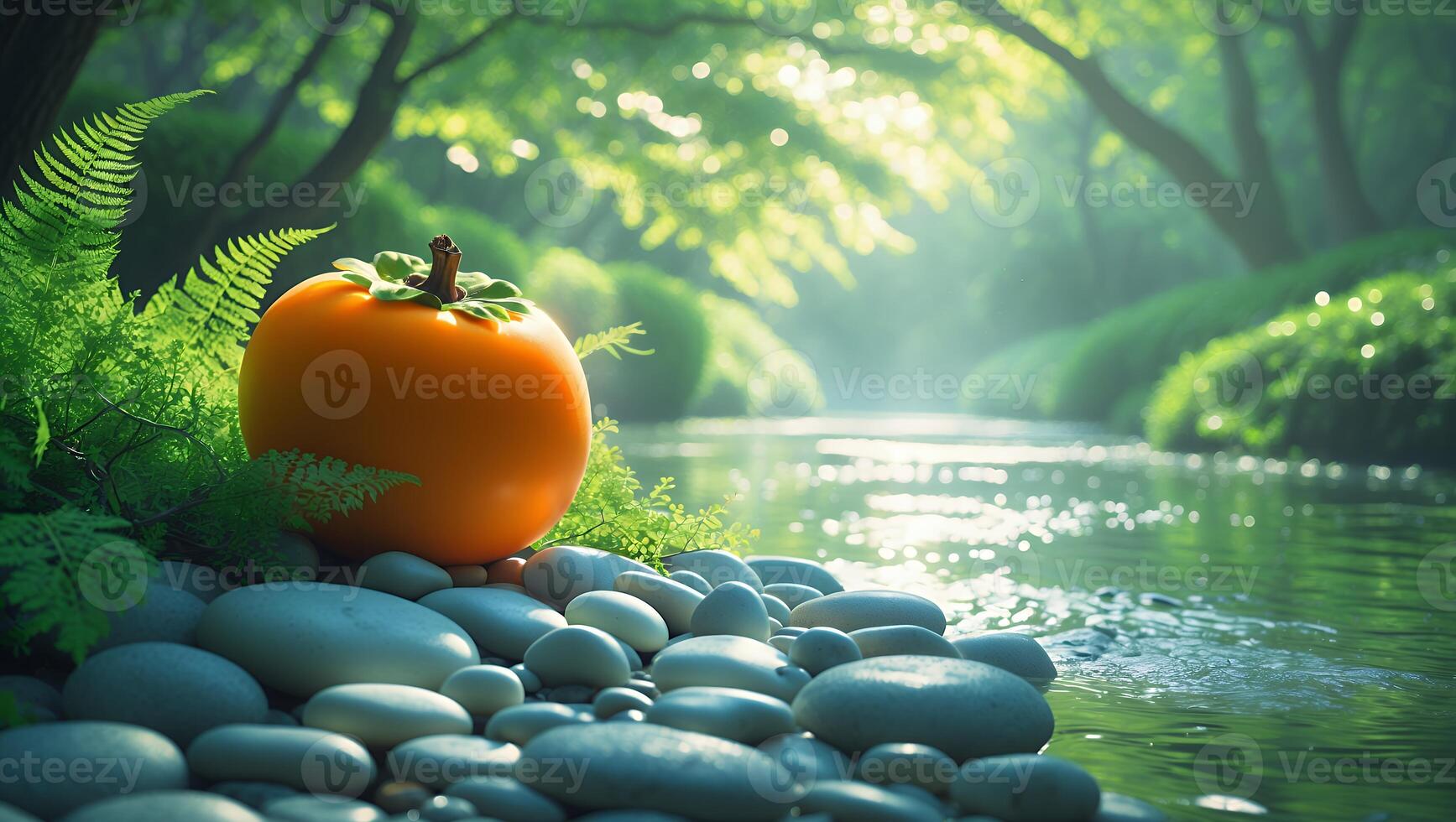 Persimmon Near Stream with Stones and Ferns in Forest Scenery photo