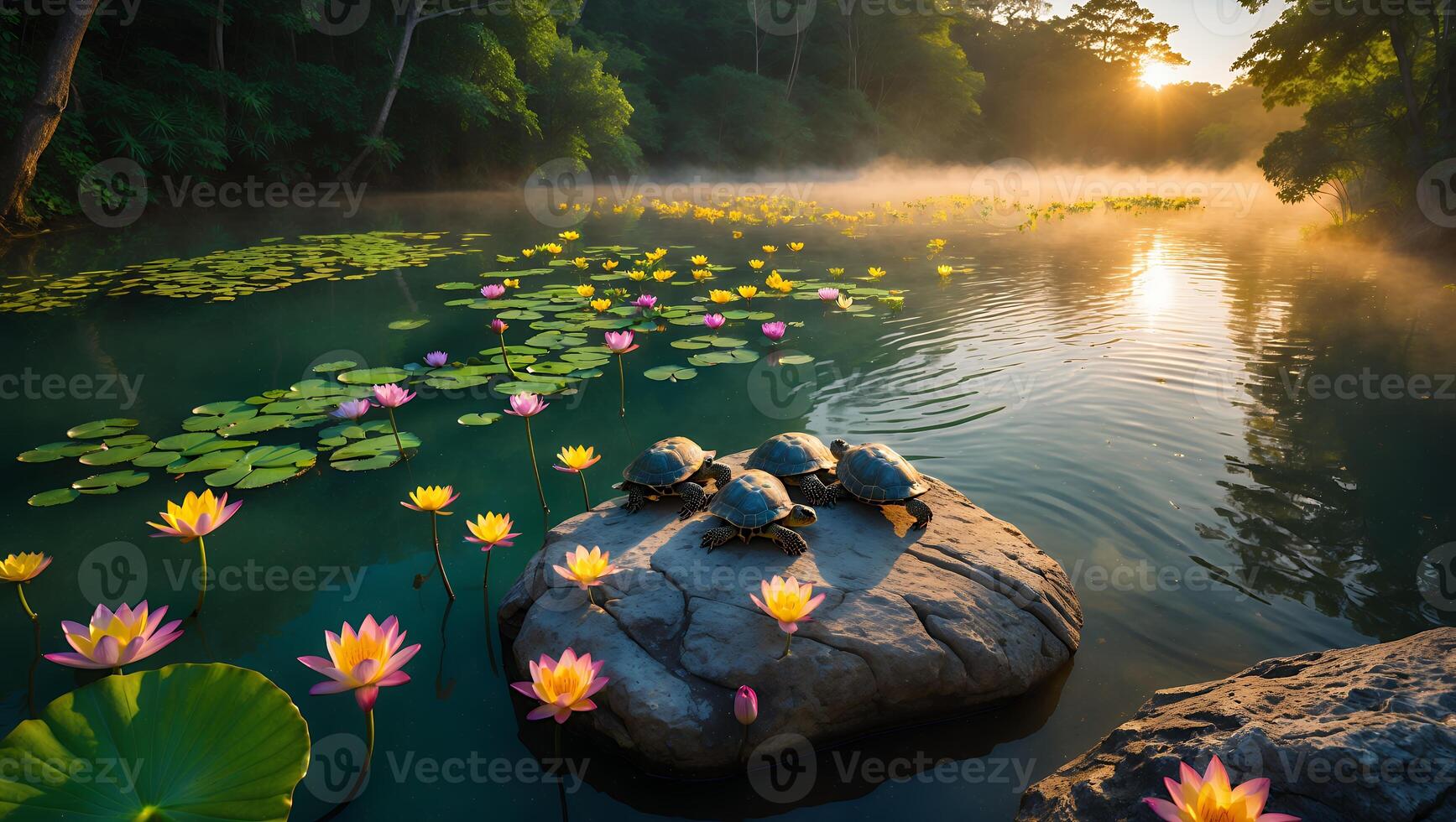 Turtles Resting on a Rock in Serene Pond with Lotus Flowers photo