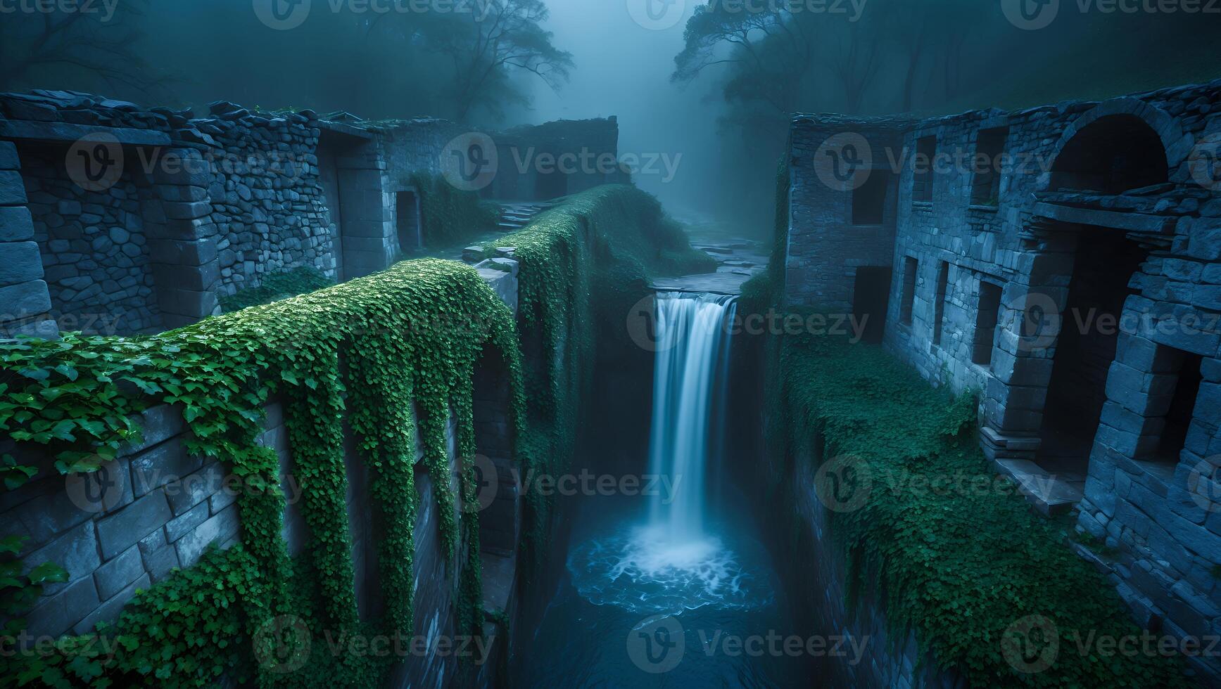 Waterfall Cascading Through Ancient Stone Structures Covered in Greenery photo
