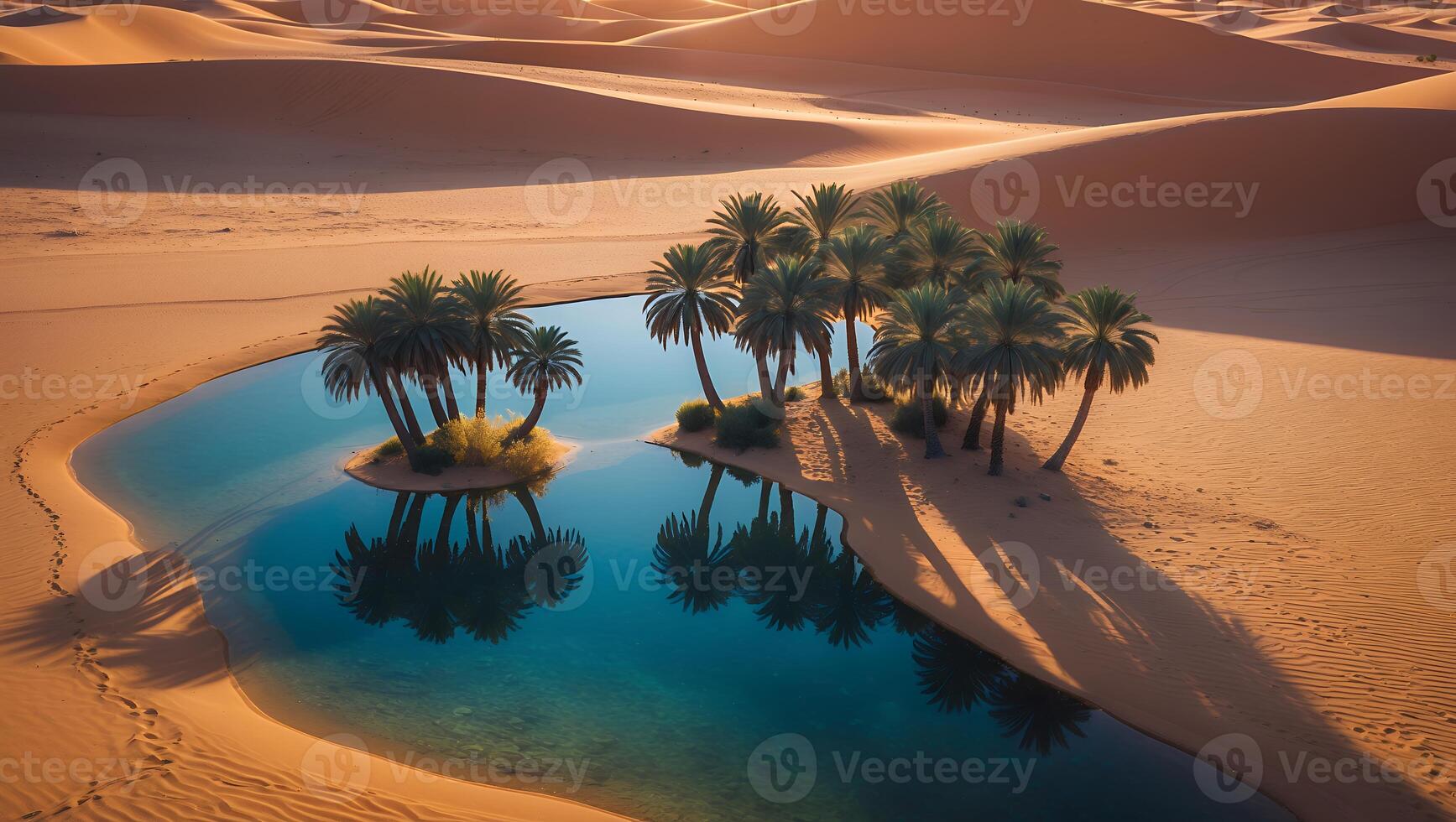 Oasis in the Desert Palm Trees Surrounding a Reflective Water Pond photo