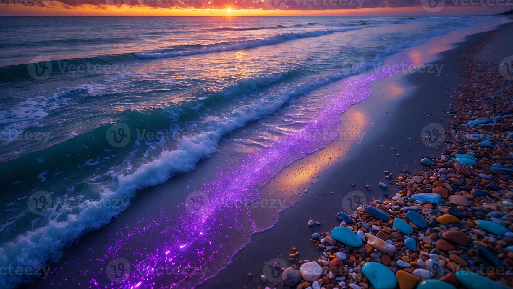 Ocean Waves Washing Shore at Sunset with Glowing Purple Bio-luminescence photo