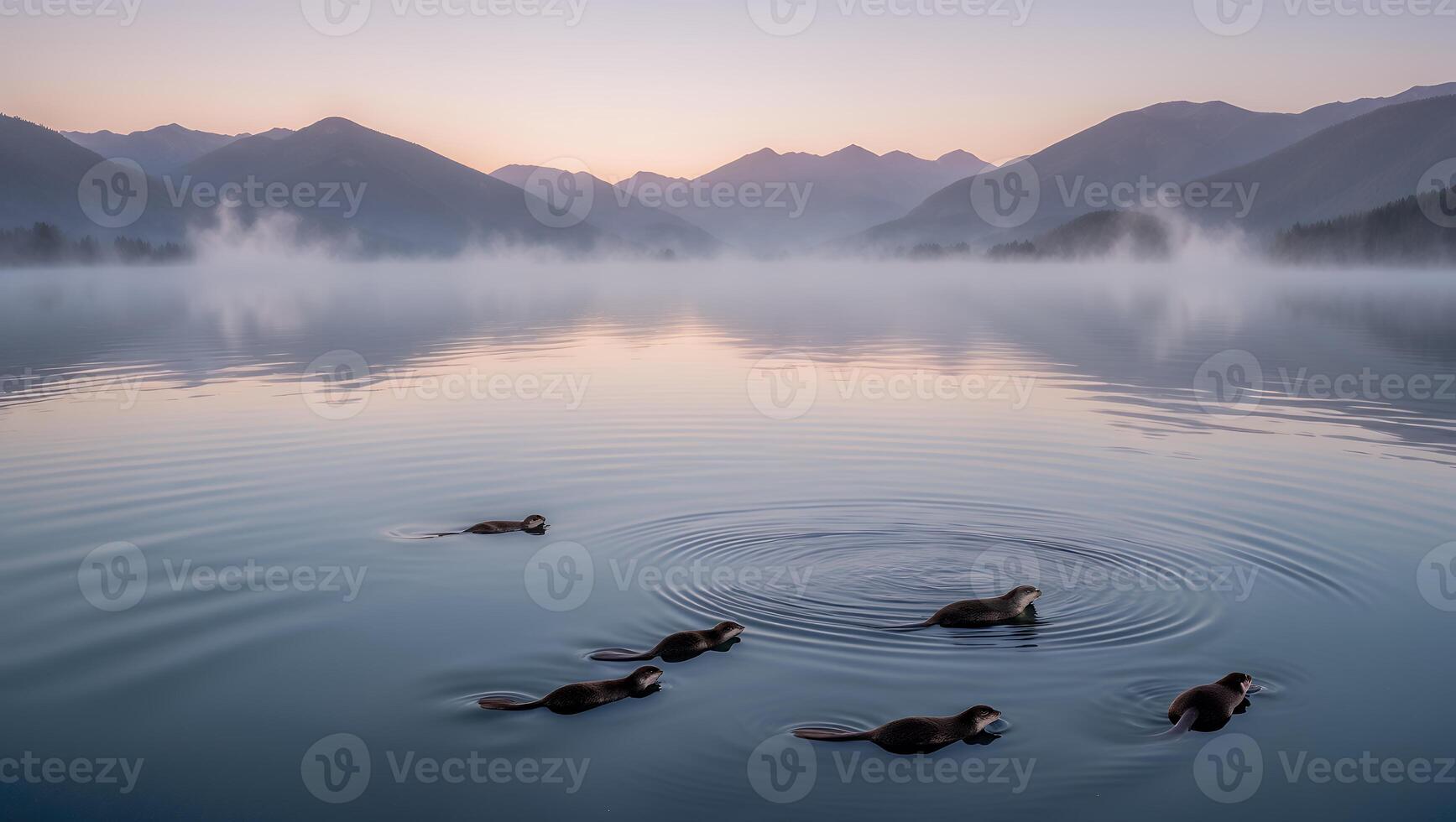 Otters Swiming in Calm Lake at Dusk with Mountain Backdrop photo