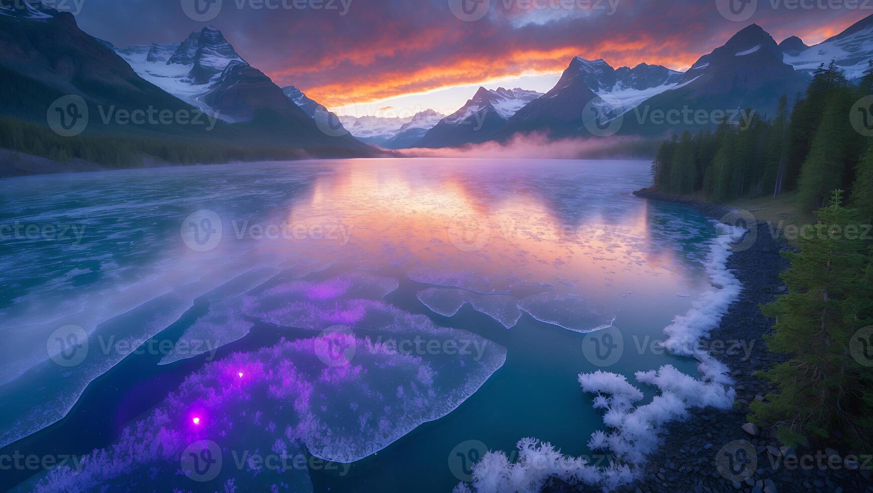 Frozen Lake Reflecting a Mountain Sunset with Icy Shoreline photo