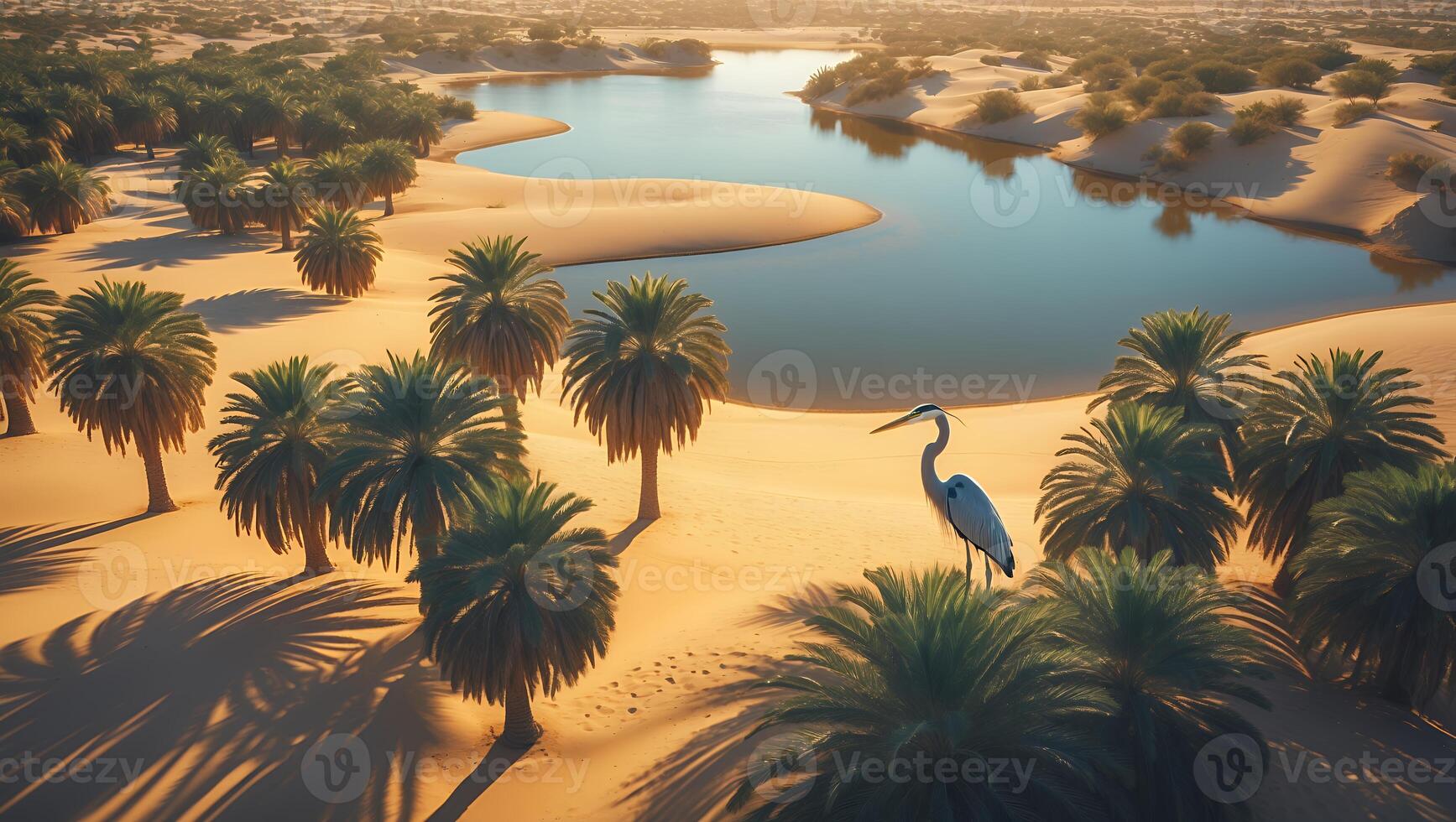 Heron Standing Near Desert Oasis with Palm Trees Landscape View photo
