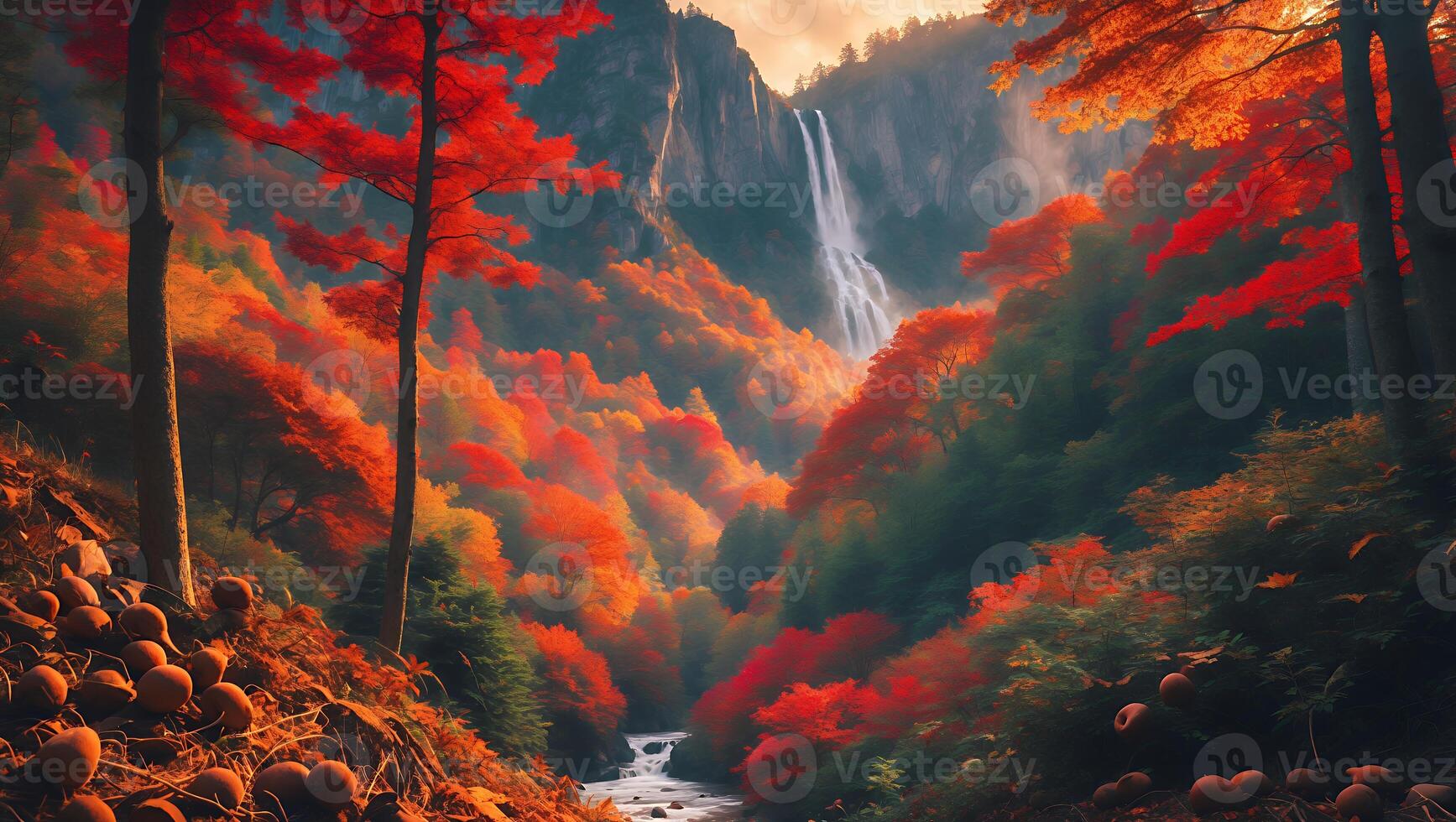 A waterfall is surrounded by autumn trees photo