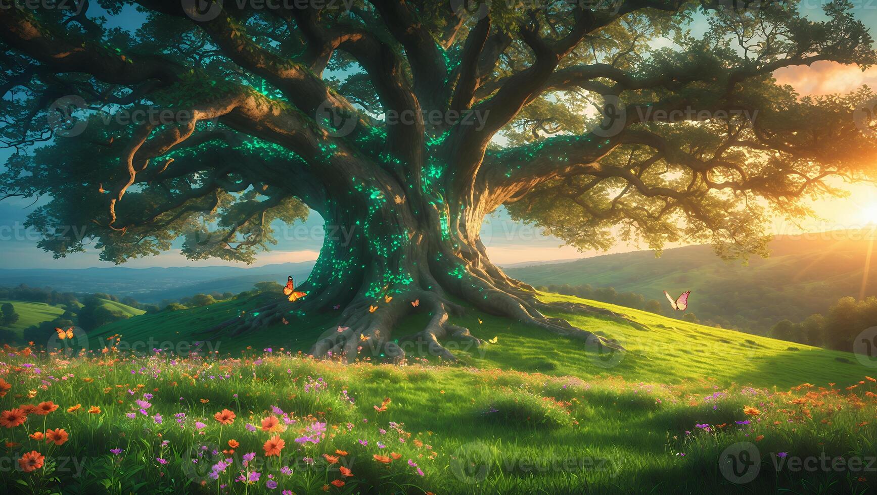 Large Tree on a Green Meadow with Wildflowers and Butterflies photo