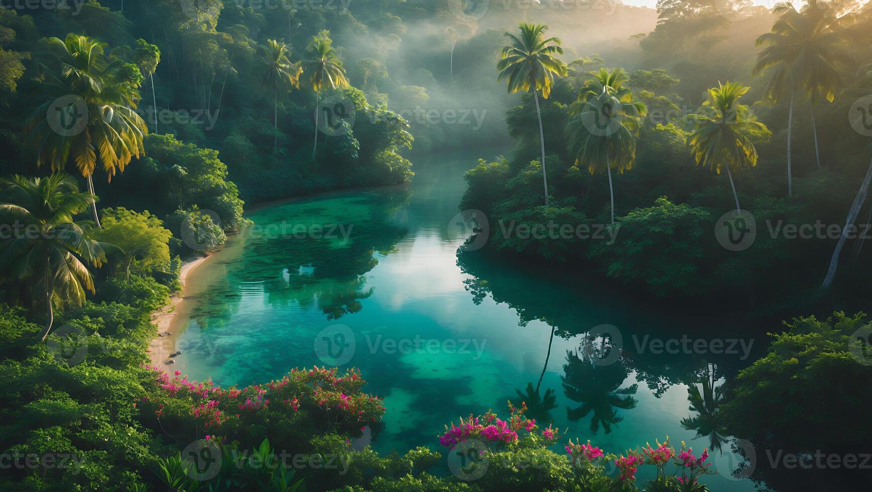 Turquoise River Flowing Through Lush Tropical Jungle with Palm Trees photo