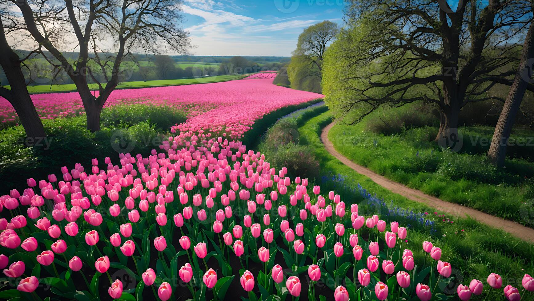 Pink Tulip Field Blooming Along a Winding Path in Springtime photo