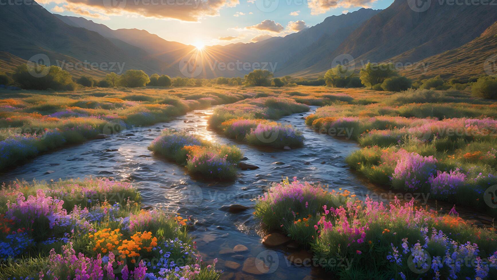 Scenic River Flowing Through Wildflower Meadow in Mountain Valley photo
