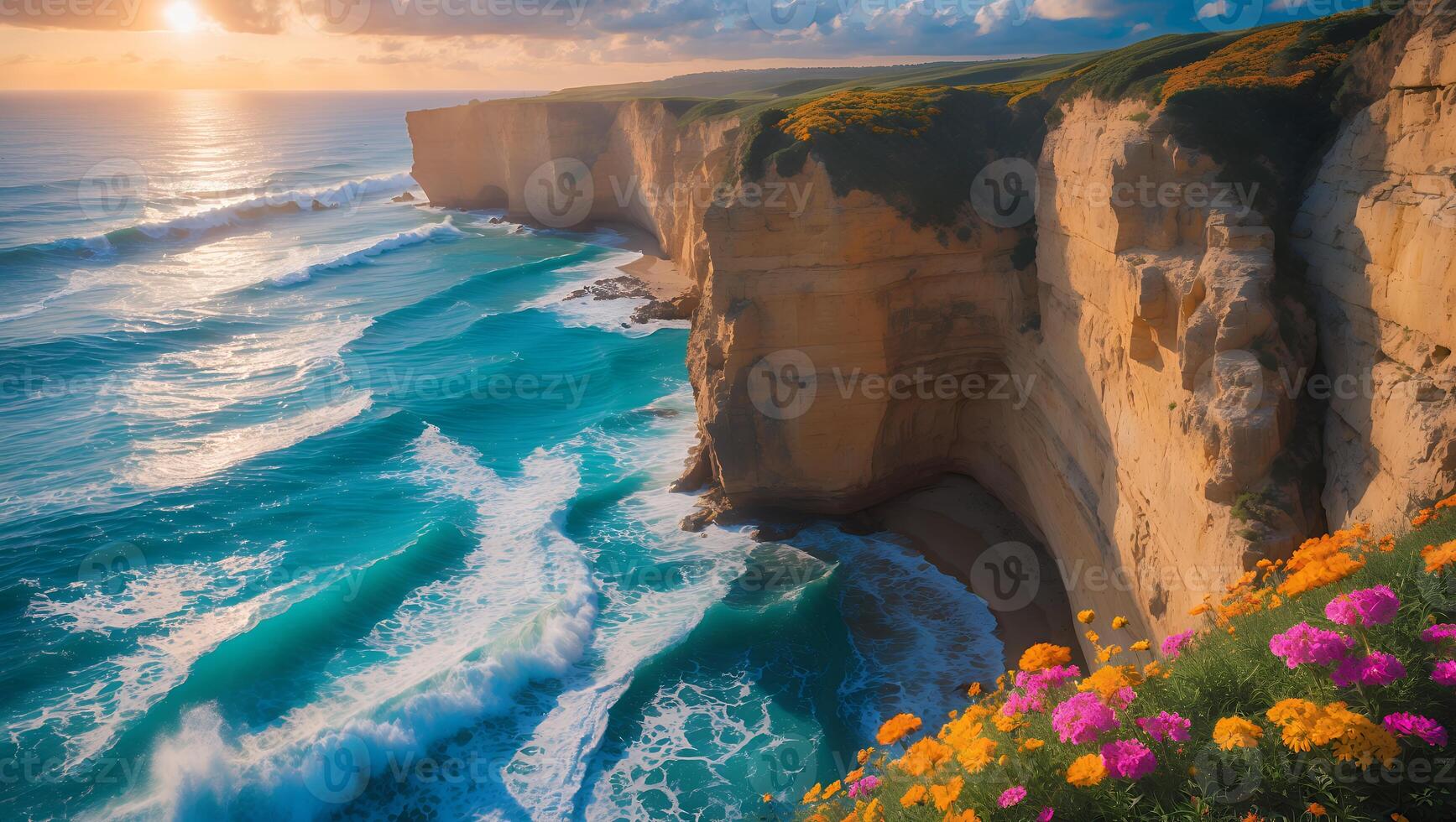 Coastal Cliffs with Flowers Over Ocean Waves at Sunset Scenery photo