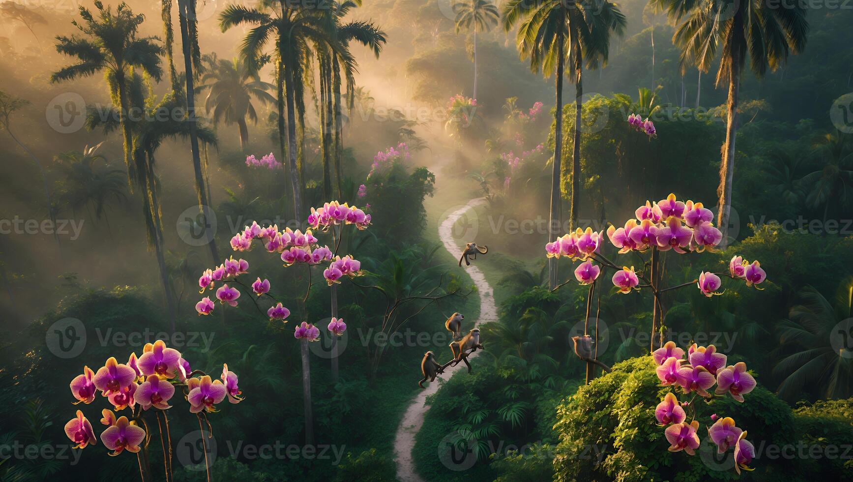 Monkeys Along Forest Path with Orchids and Morning Sunlight photo
