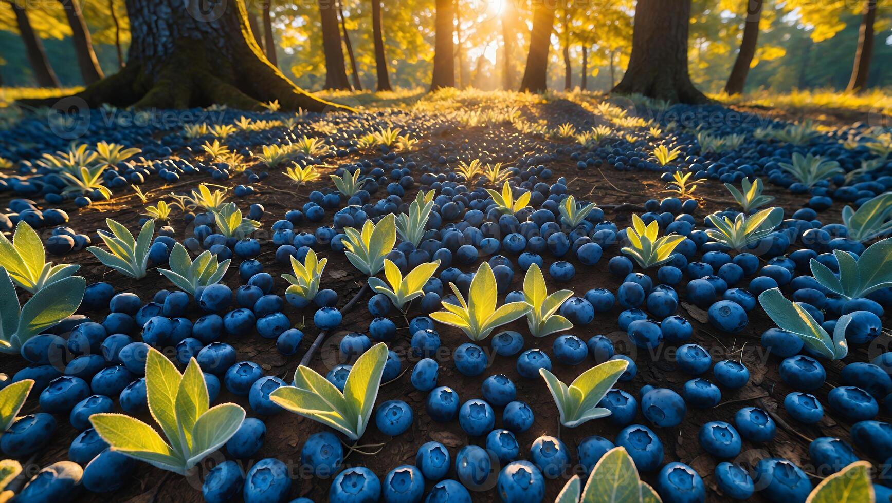 Blueberries on Forest Floor with Sunlight Streaming Through Trees photo