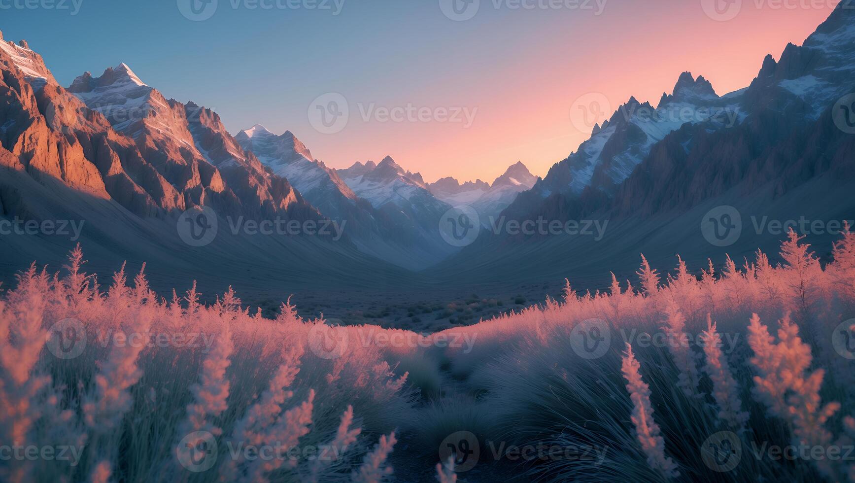 Majestic Snow Capped Mountains at Dusk with Meadow in the Foreground photo