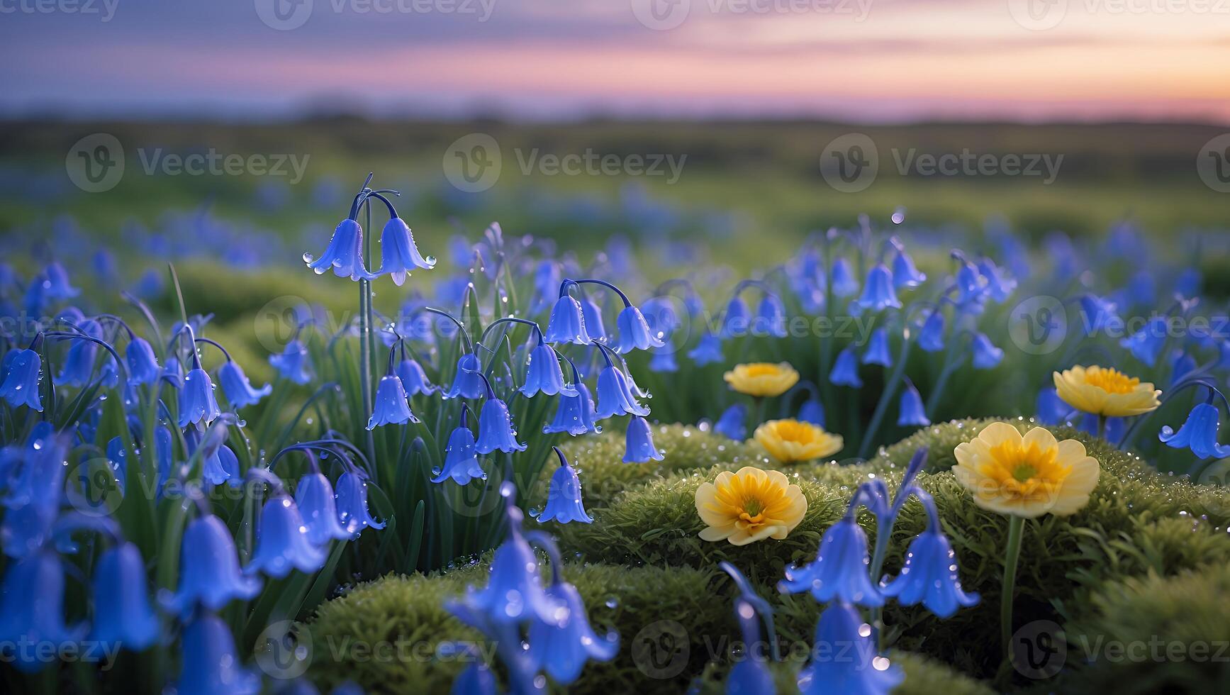 Bluebell Flower Meadow with Yellow Blooms at Dawn Beautiful Landscape photo