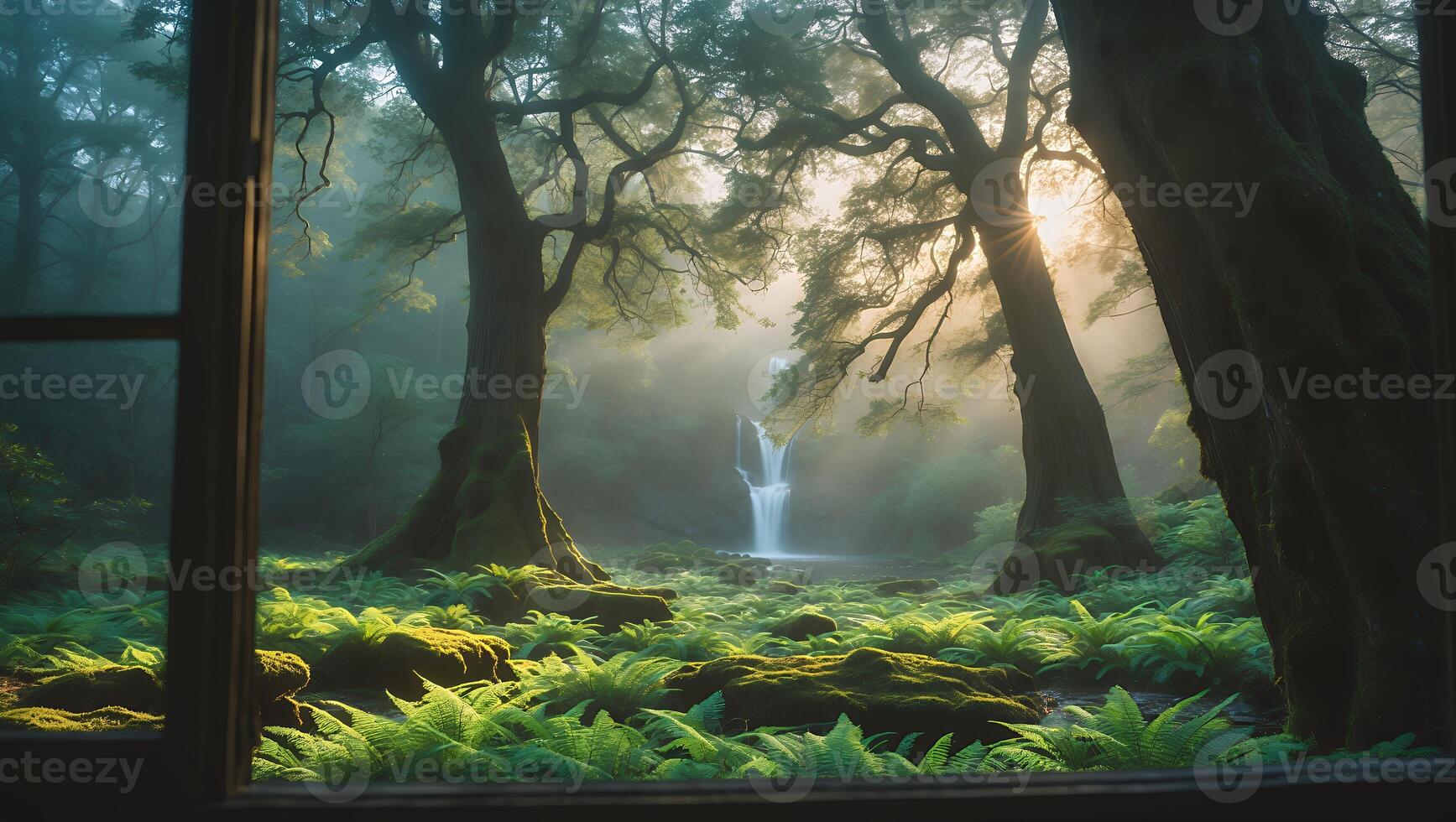 Viewing Waterfall Through Open Window Surrounded by Mossy Forest photo