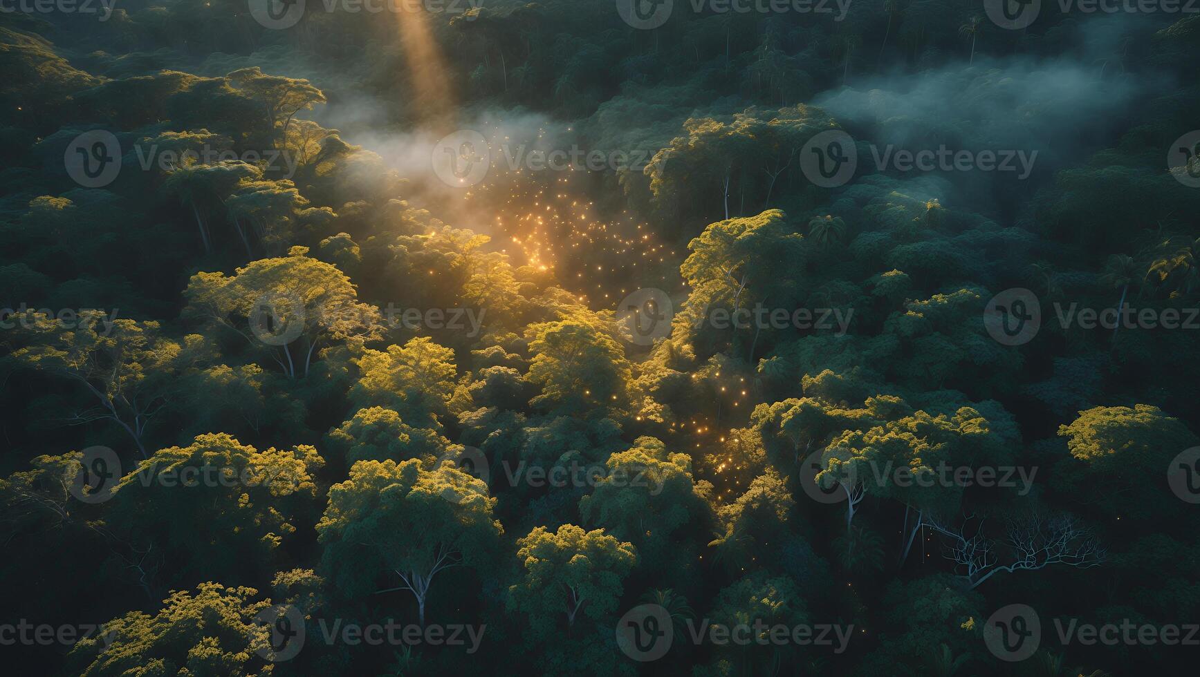 Aerial View of Lush Green Forest with Sun Ray and Mist photo