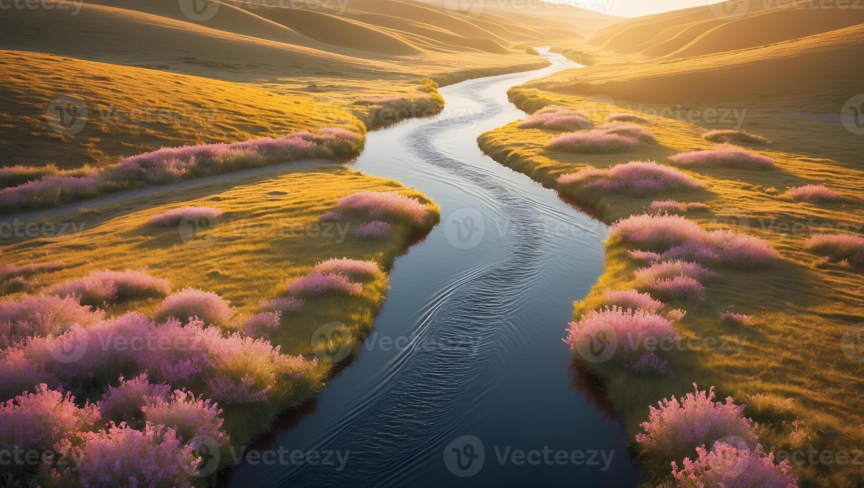 River Flowing Through Golden Hills with Pink Blooms at Sunset photo