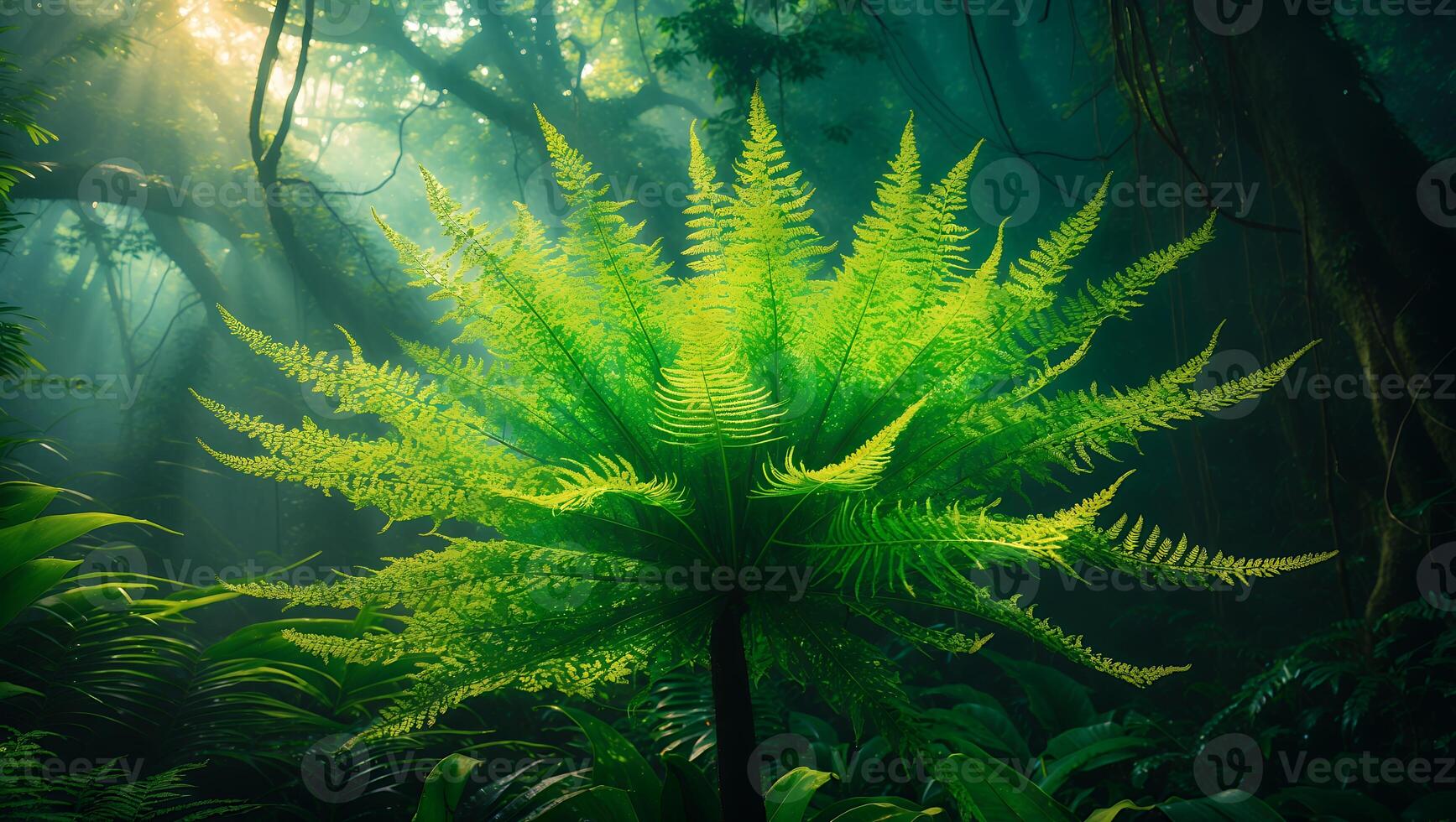 Fern Plant Growing in Lush Forest with Sunlight Streaming Through Canopy photo