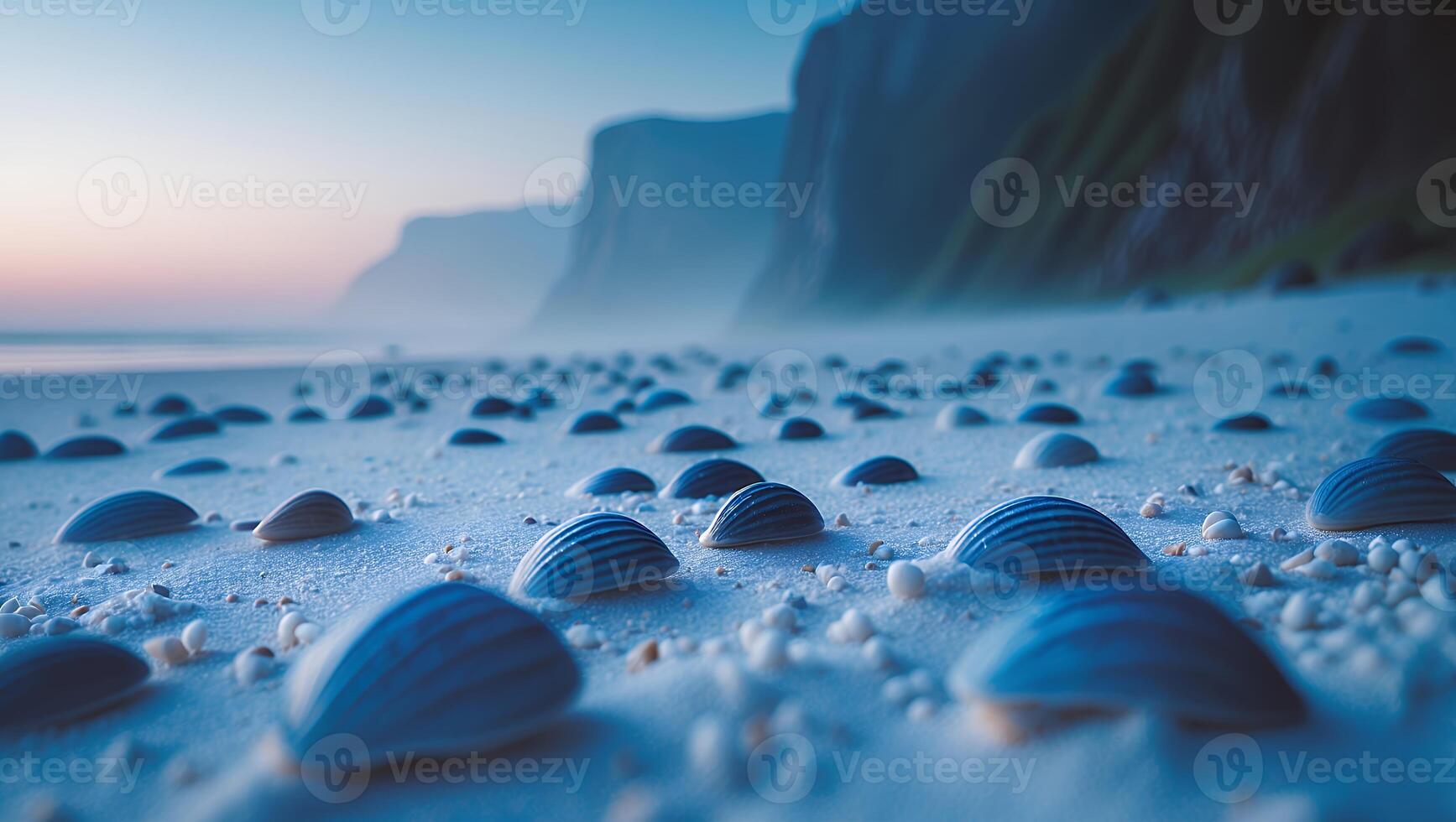 Seashells on Sandy Beach with Coastal Cliffs at Twilight Glow photo