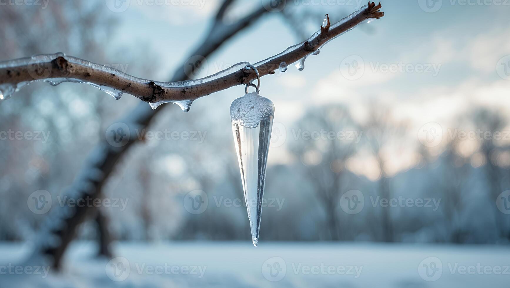 Ice Sculpture Hanging From Tree Branch in Snowy Winter Landscape photo
