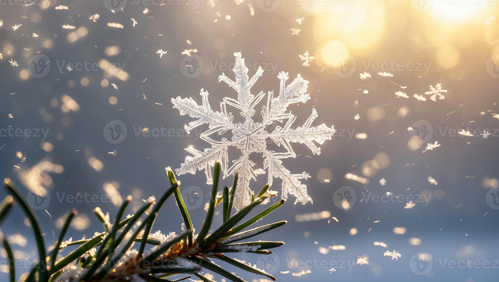 Close-up of Delicate Snowflake on Pine Needle in Winter Light photo