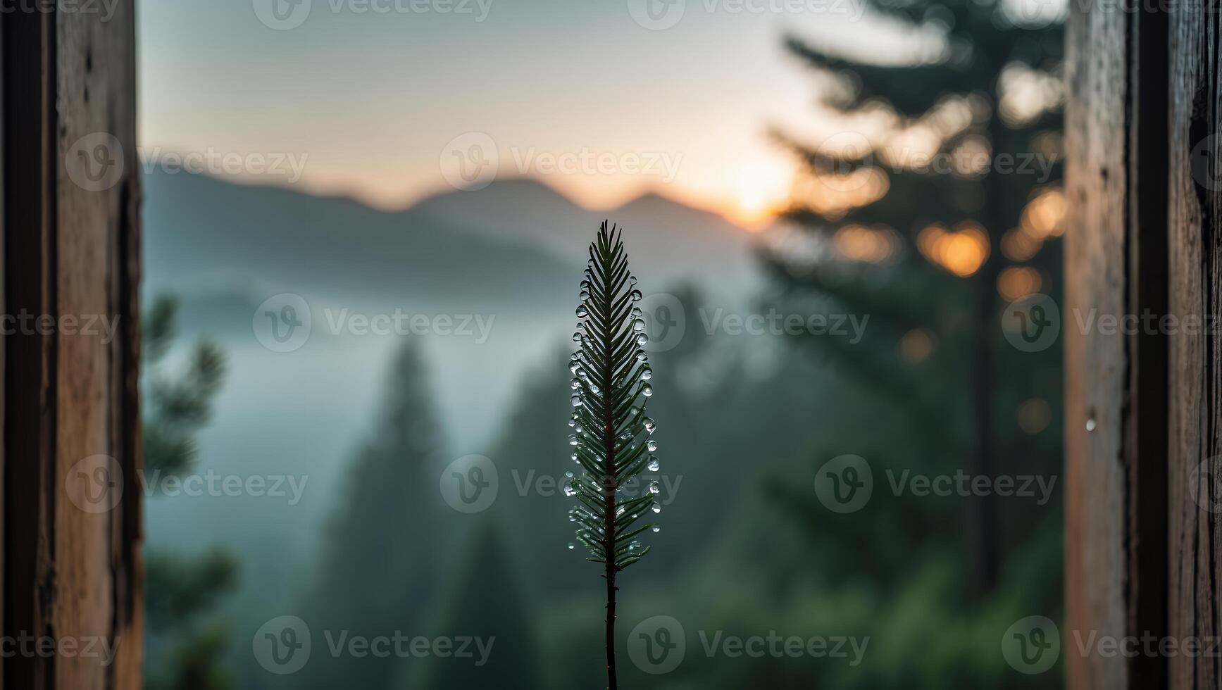Pine Branch with Water Droplets Overlooking Foggy Mountain Landscape at Dawn photo