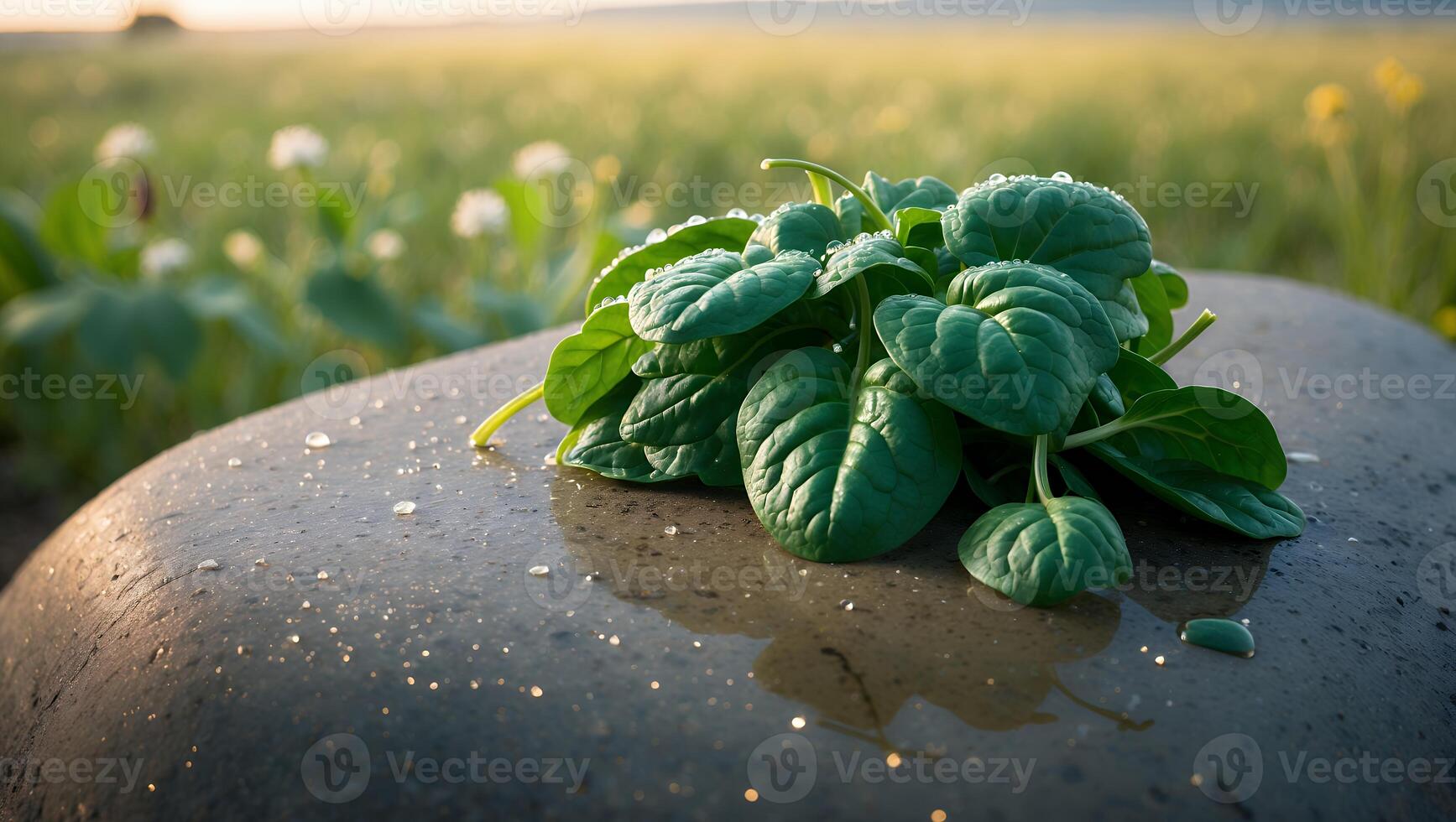 Fresh Spinach with Water Droplets on Stone in Outdoor Setting photo