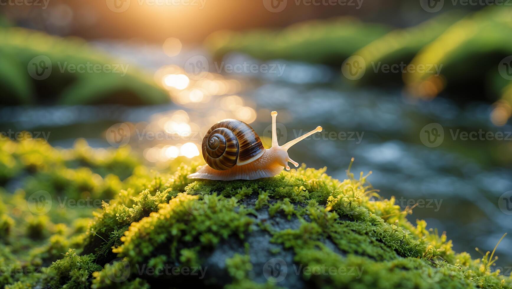 Snail on Mossy Rock Near Stream at Sunset with Sunlight photo