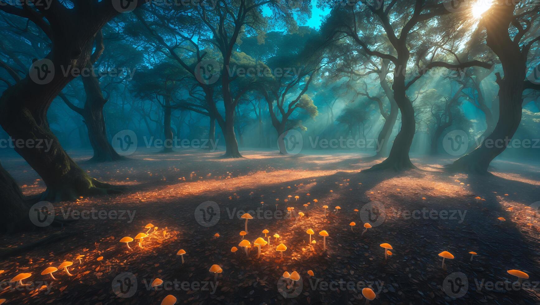 Exploring Mystical Forest Floor with Glowing Mushrooms at Sunrise photo