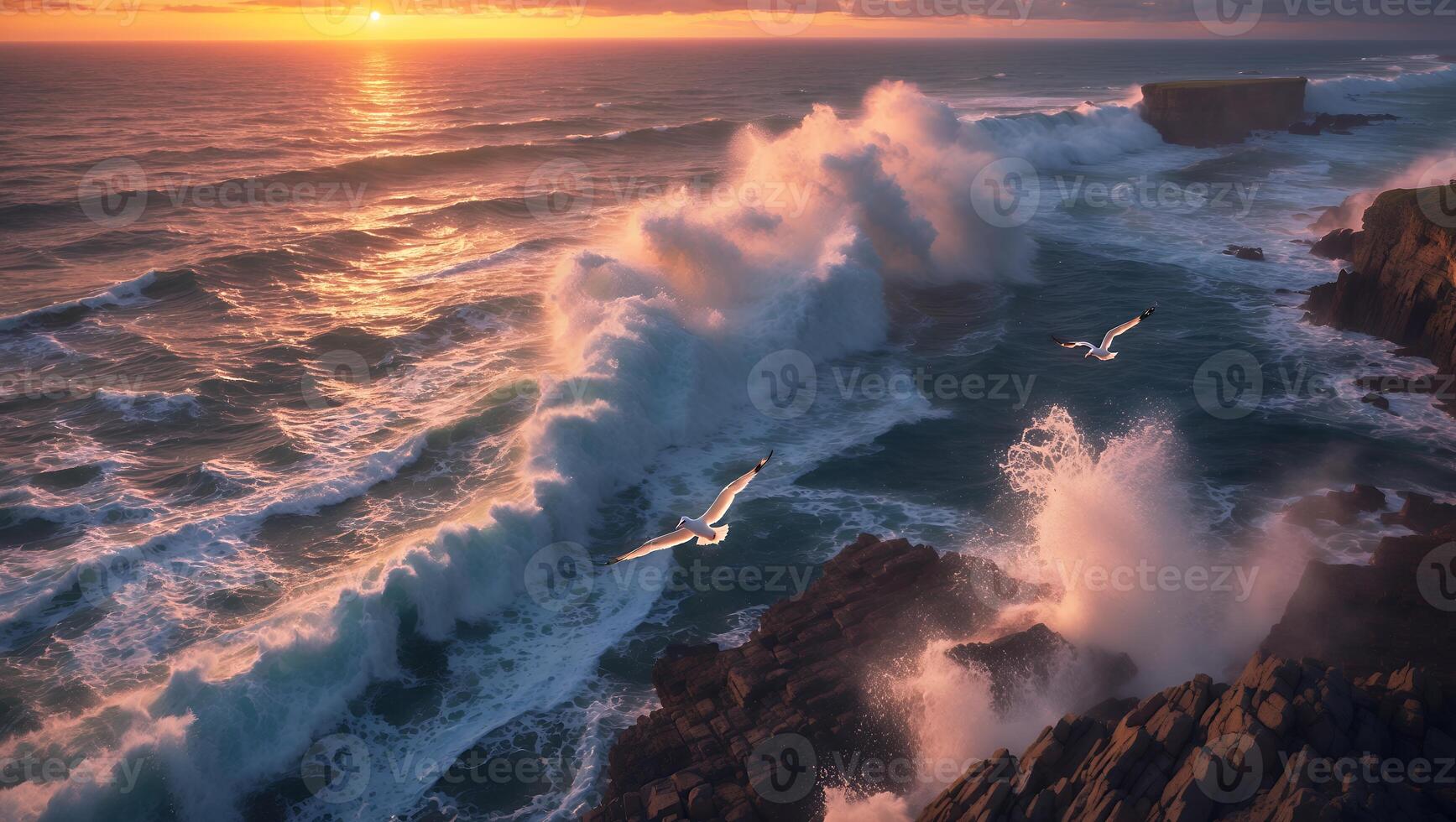 Ocean Waves Crashing on Rocky Coastline with Birds at Sunset photo