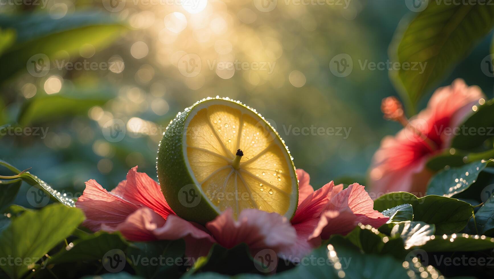 Lime Half on Flower in Sunlight with Water Droplets photo