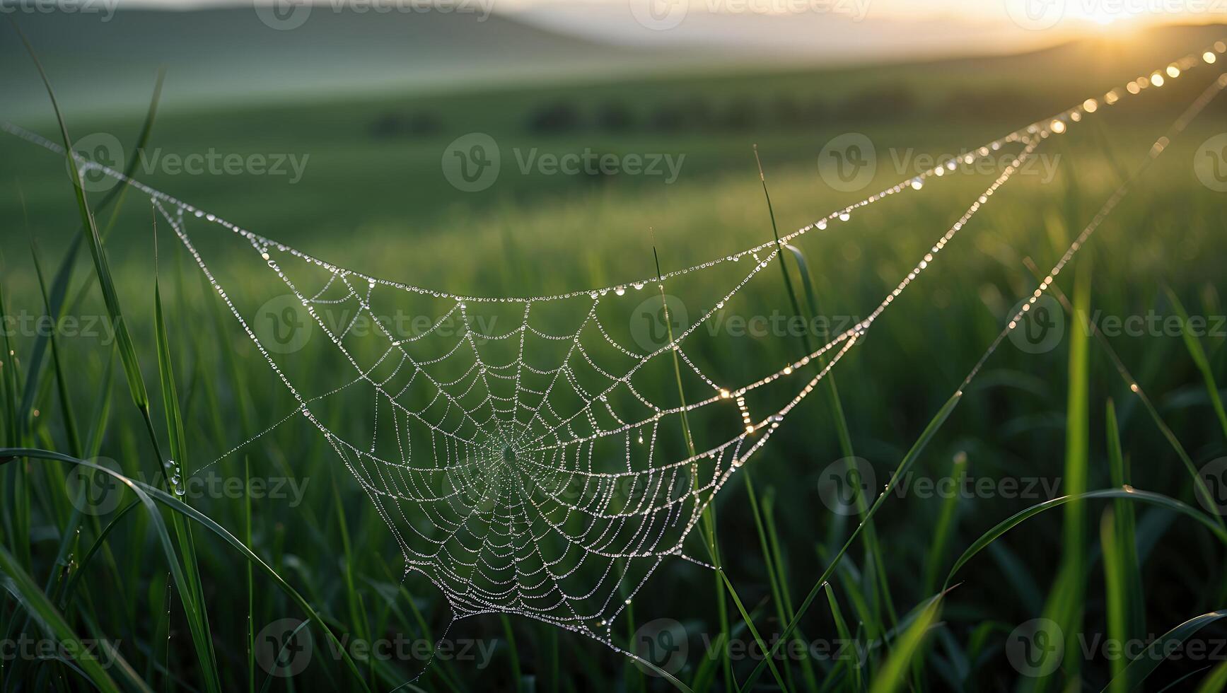 Spiderweb Covered in Dew Drops Hanging in a Grassy Field photo