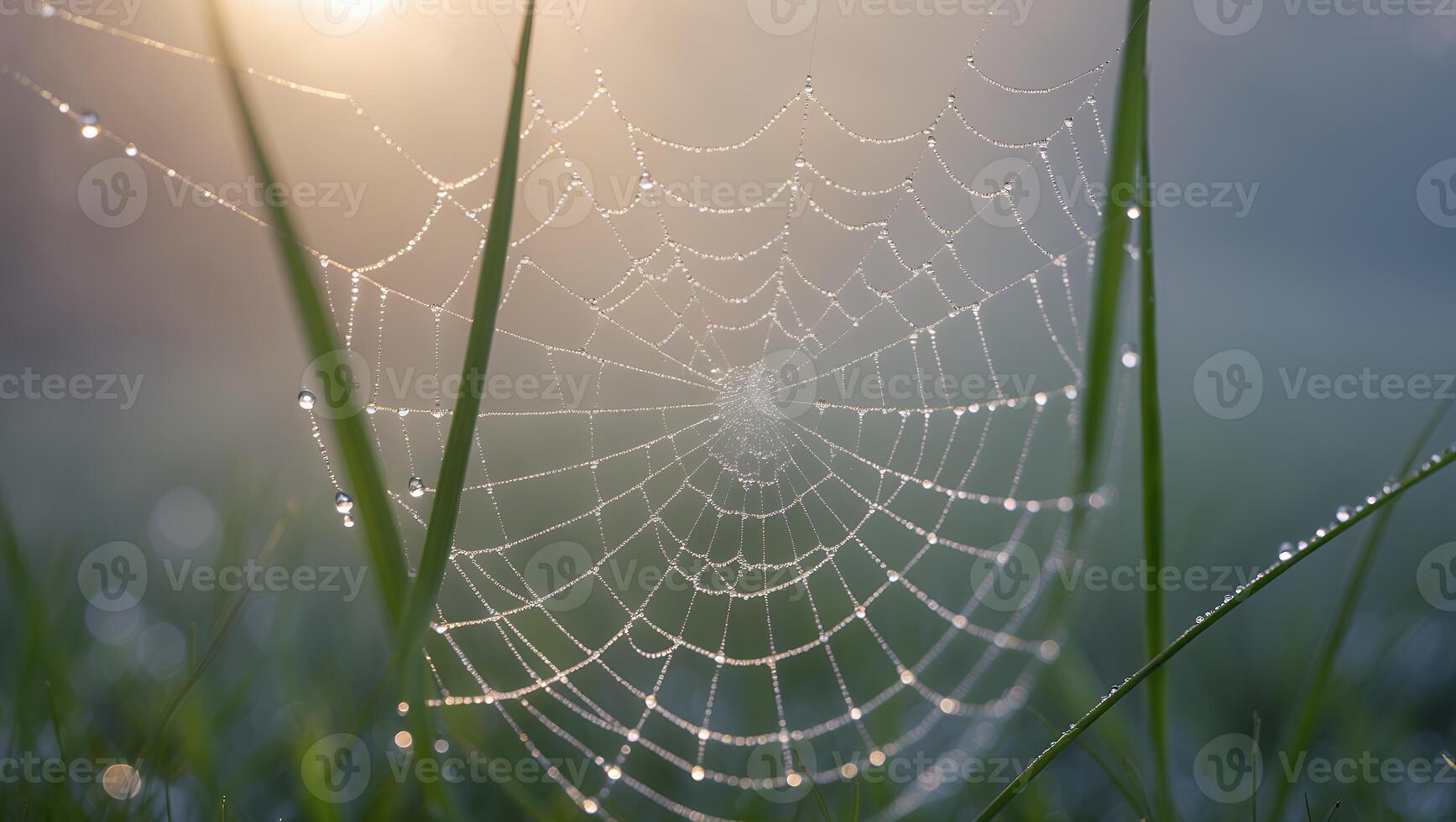 Spiderweb Covered in Dewdrops at Dawn in a Grassy Meadow photo
