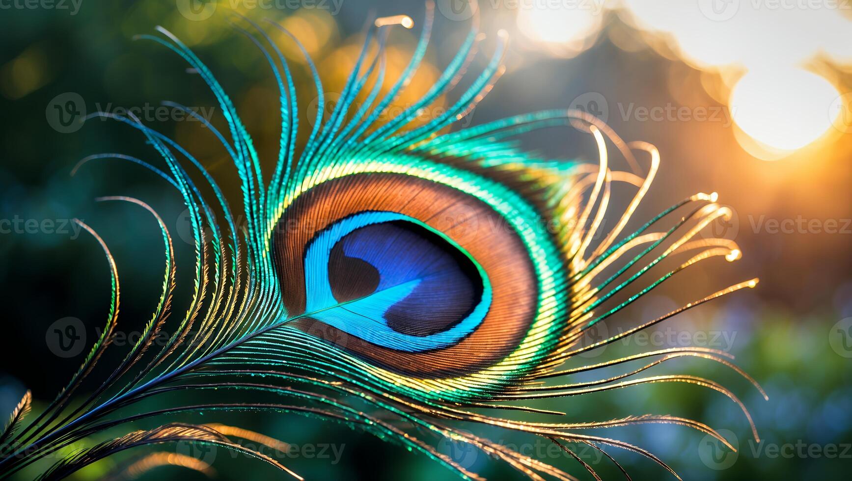 Close-up of Peacock Feather with Iridescent Colors and Natural Light photo
