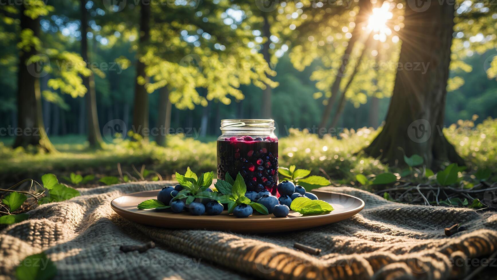 Blueberry Preserves on Plate in Forest Setting with Sunlight photo