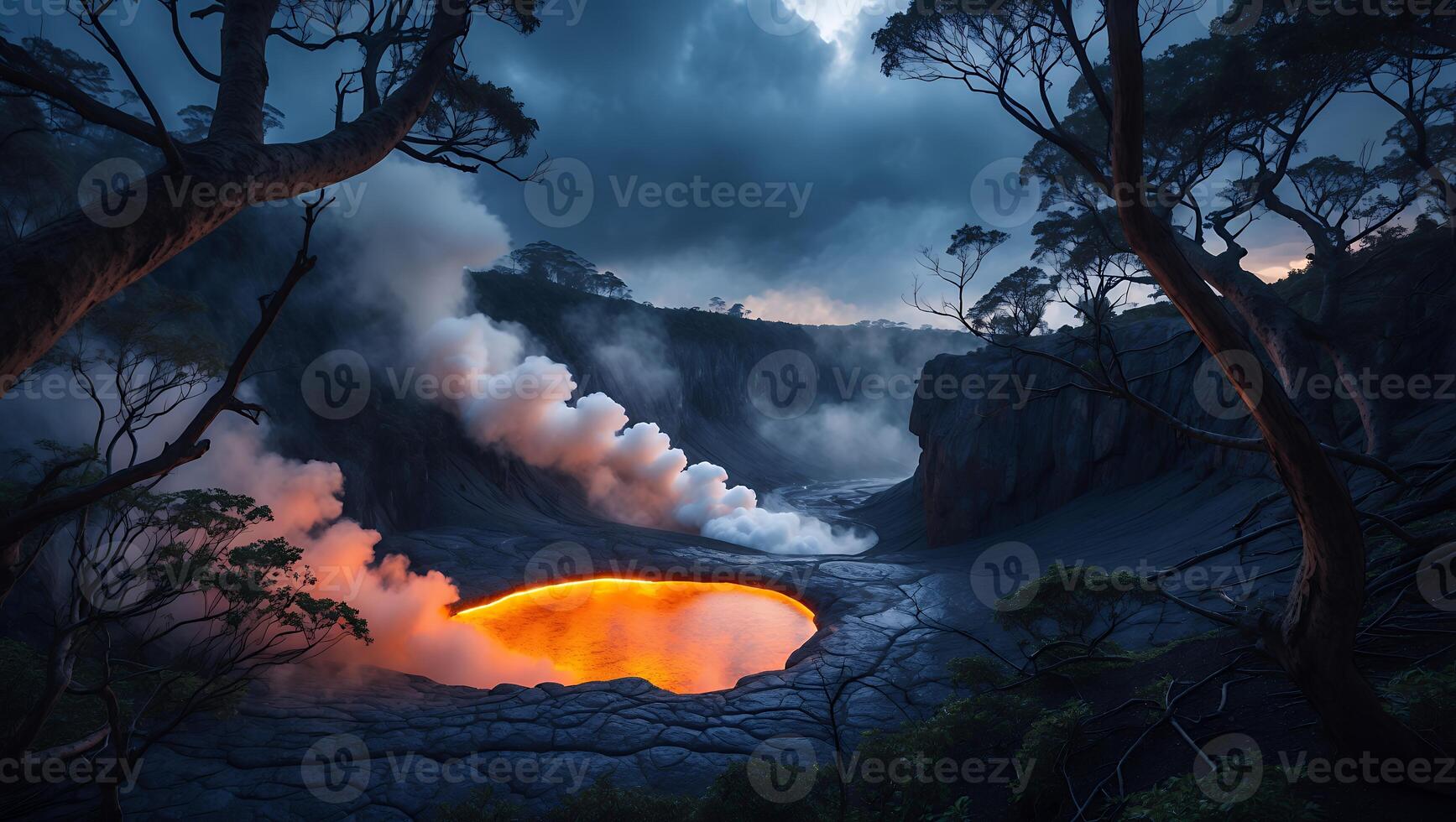 Glowing Lava Lake Surrounded by Forest at Dusk Creating Steam photo