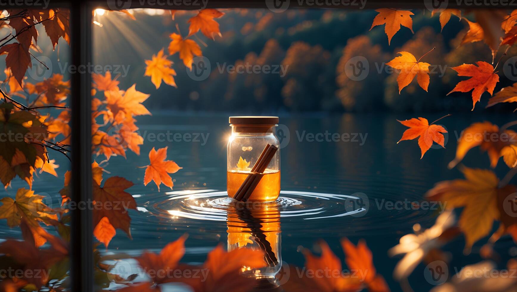 Jar of Honey and Cinnamon Stick on Lake During Autumn Season photo