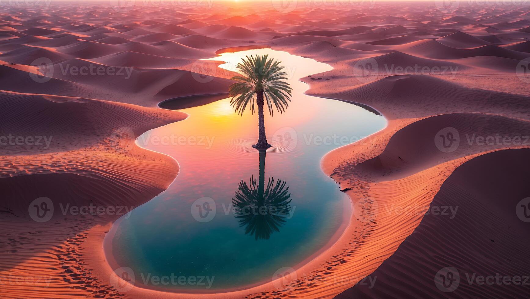Palm Tree Oasis in Desert at Sunset with Water Reflection photo