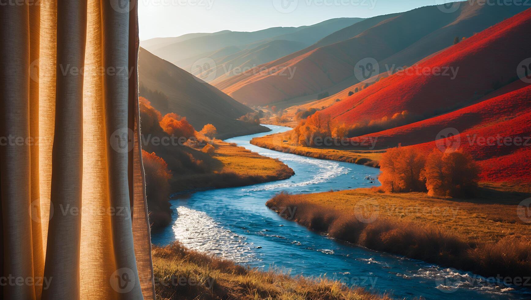 River Flowing Through Autumn Valley Viewed From Window with Curtain photo