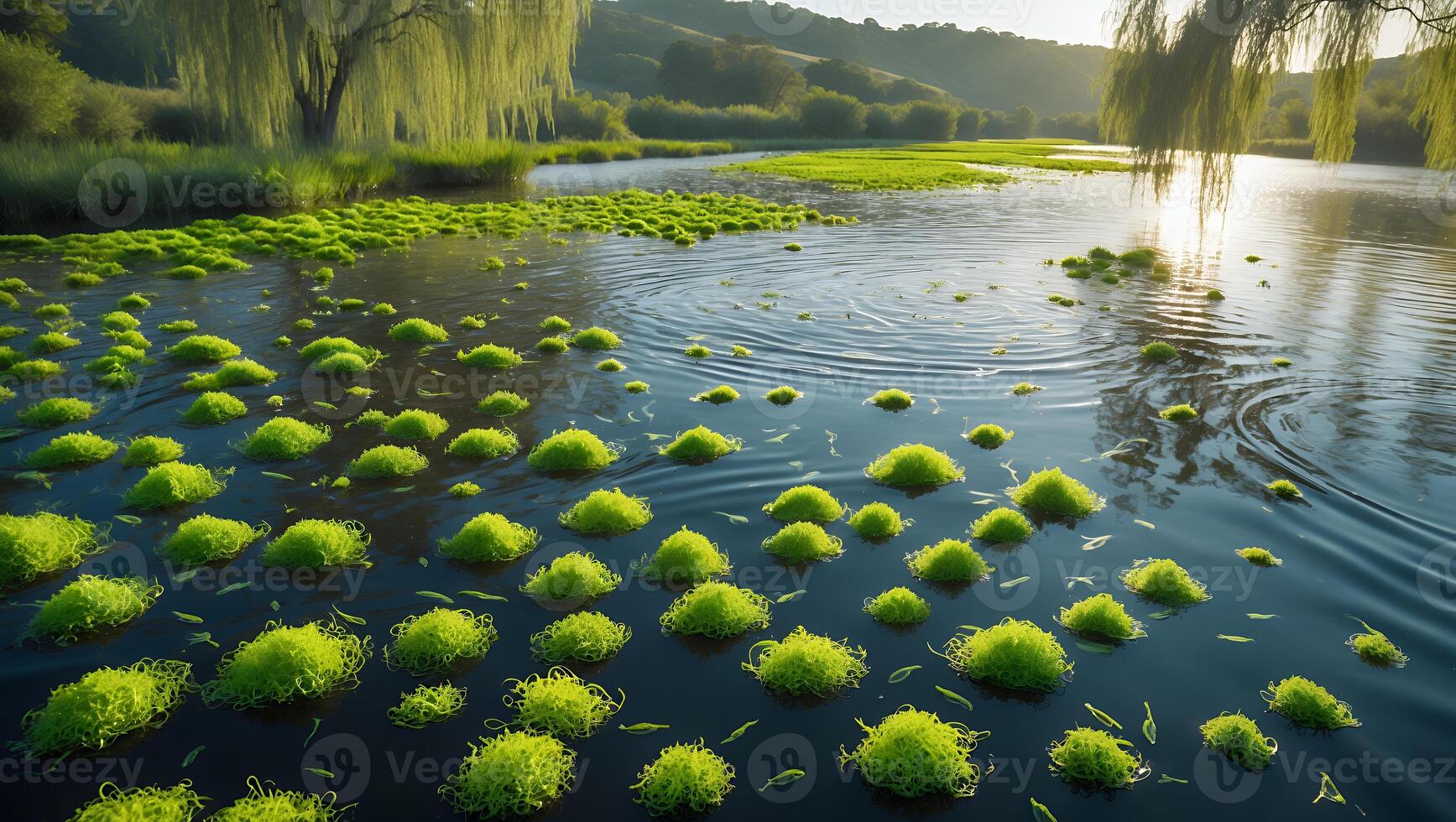 Tranquil Pond with Green Algae Blooms and Willow Tree Reflections photo