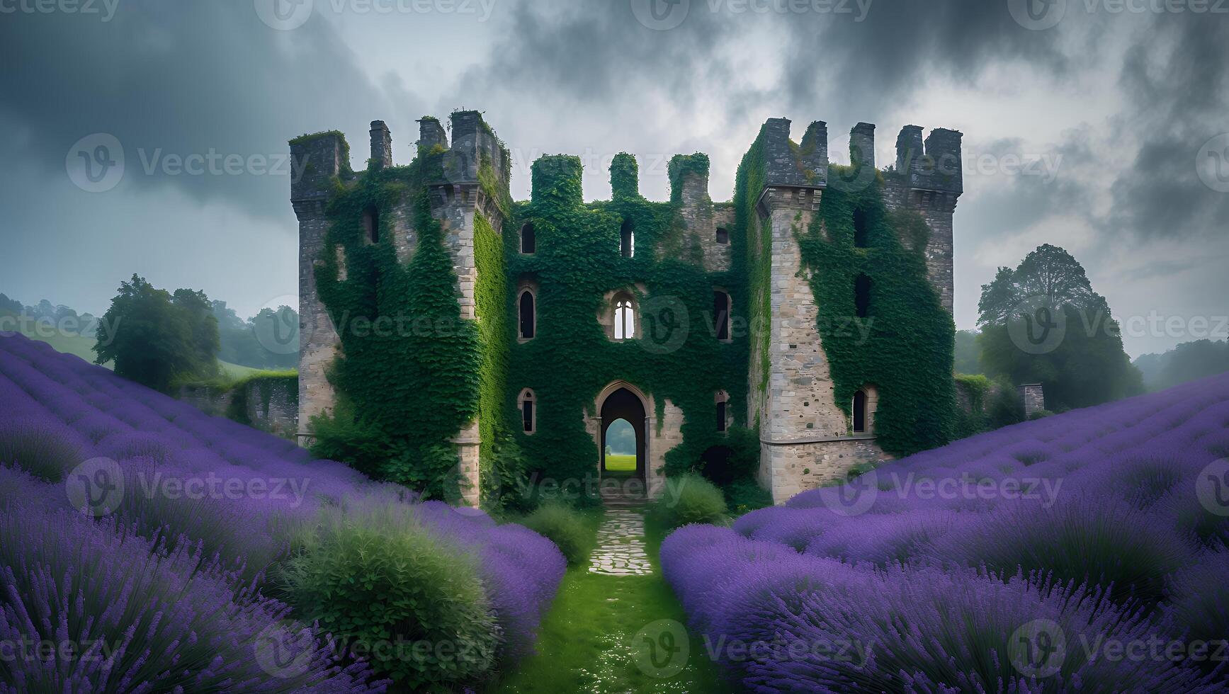 Majestic Castle Ruins Framed by Lavender Fields and Overcast Sky photo